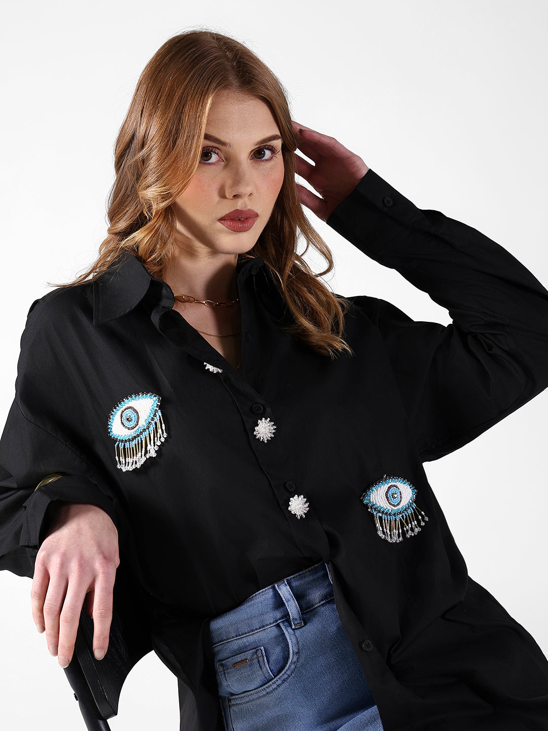 Women's Evil Eye Embellished Black Shirt