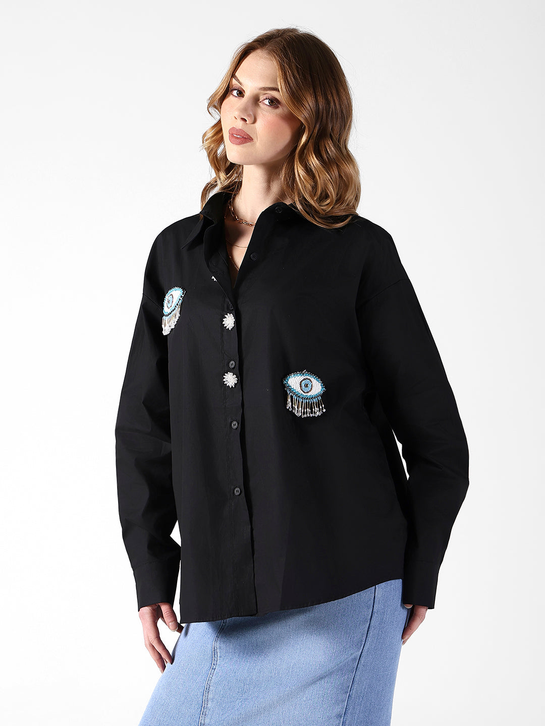 Women's Evil Eye Embellished Black Shirt