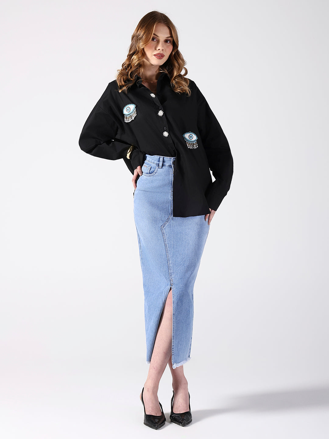 Women's Evil Eye Embellished Black Shirt