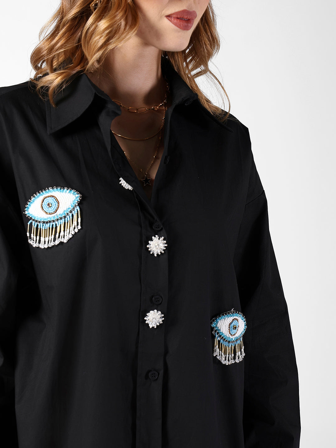 Women's Evil Eye Embellished Black Shirt