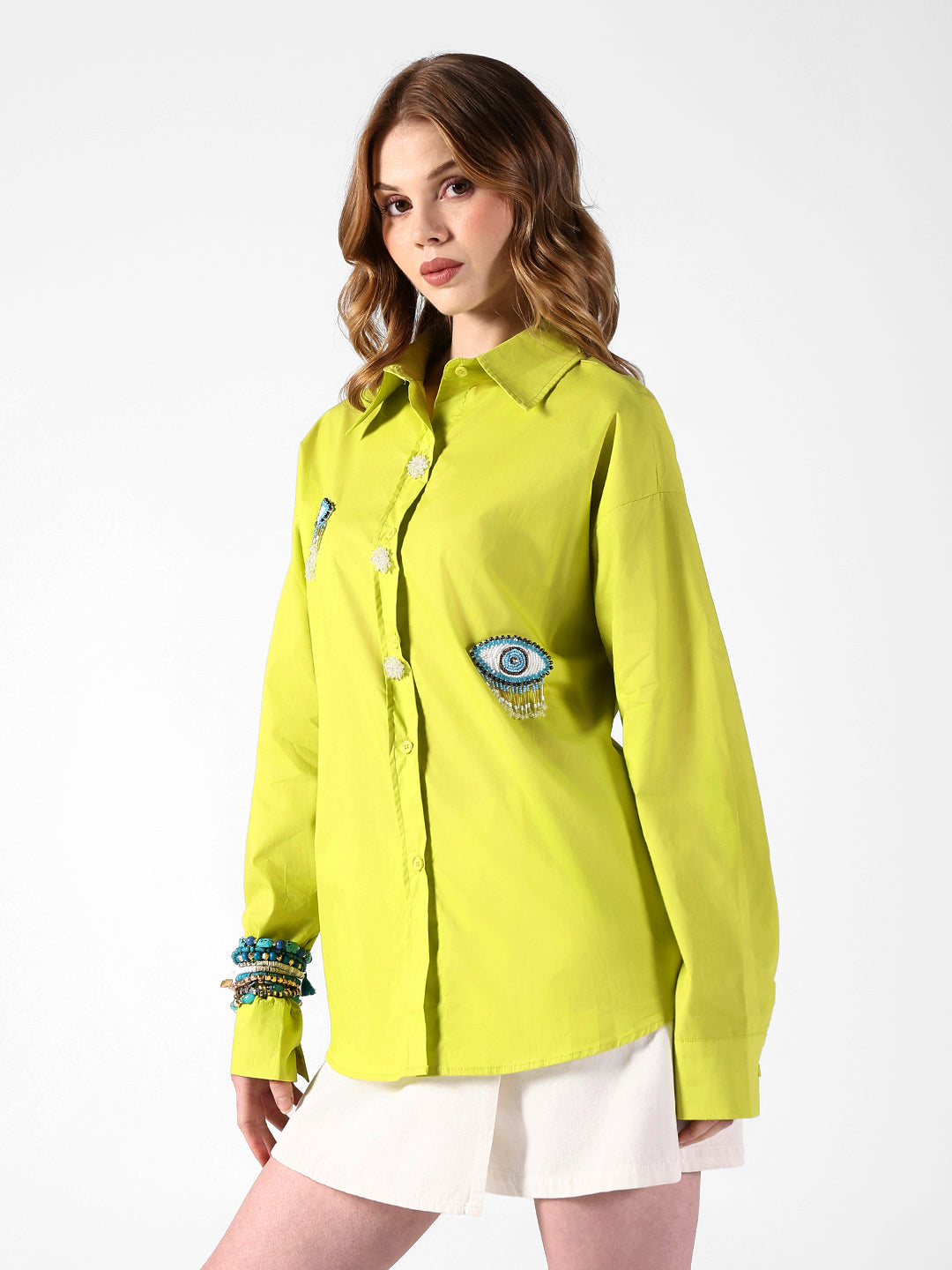 Women's Evil Eye Embellished Green Shirt