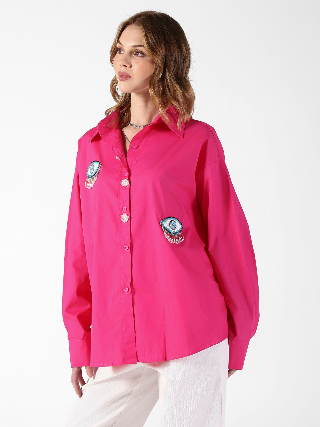 Women's Evil Eye Embellished Pink Shirt