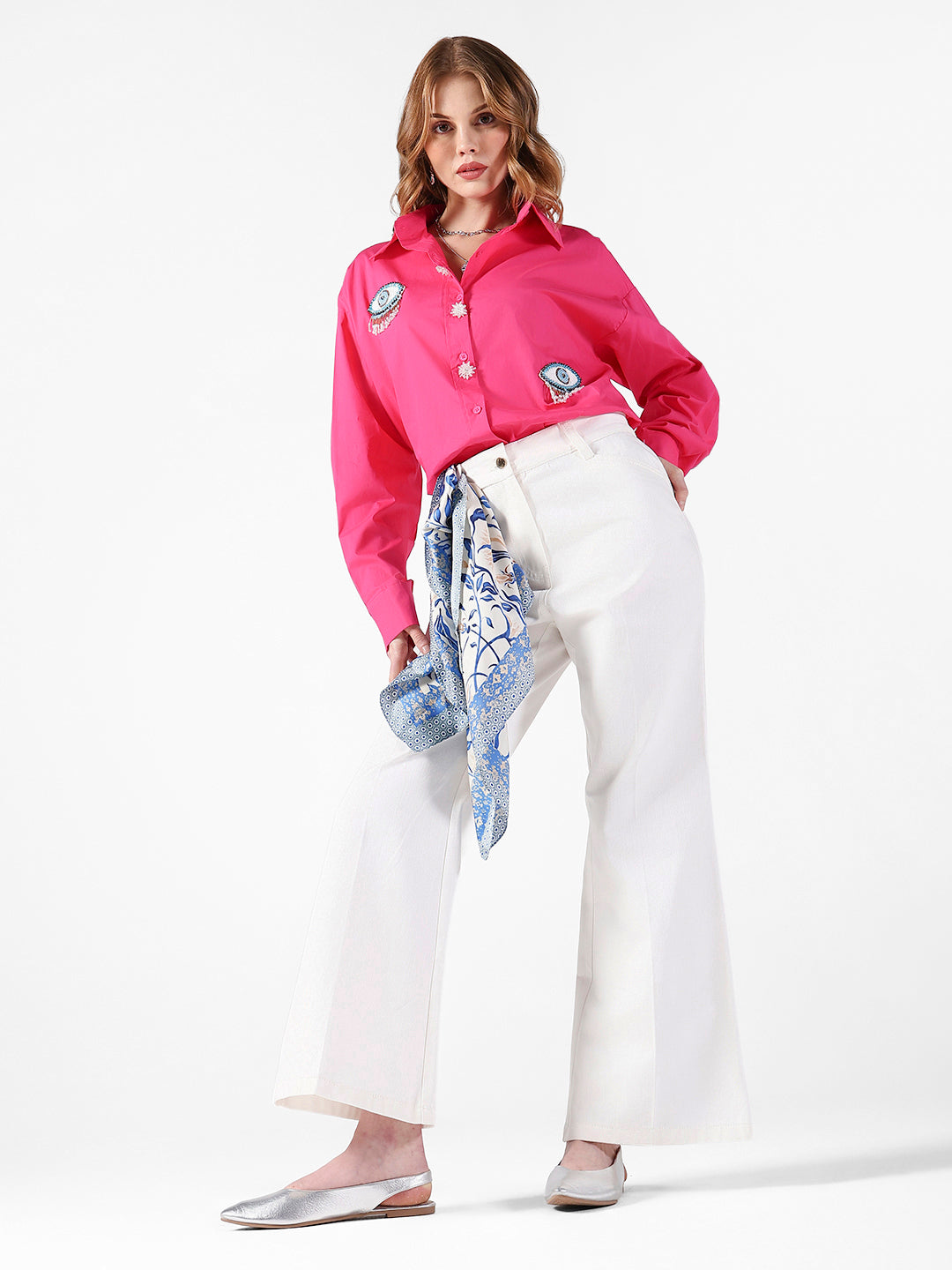 Women's Evil Eye Embellished Pink Shirt