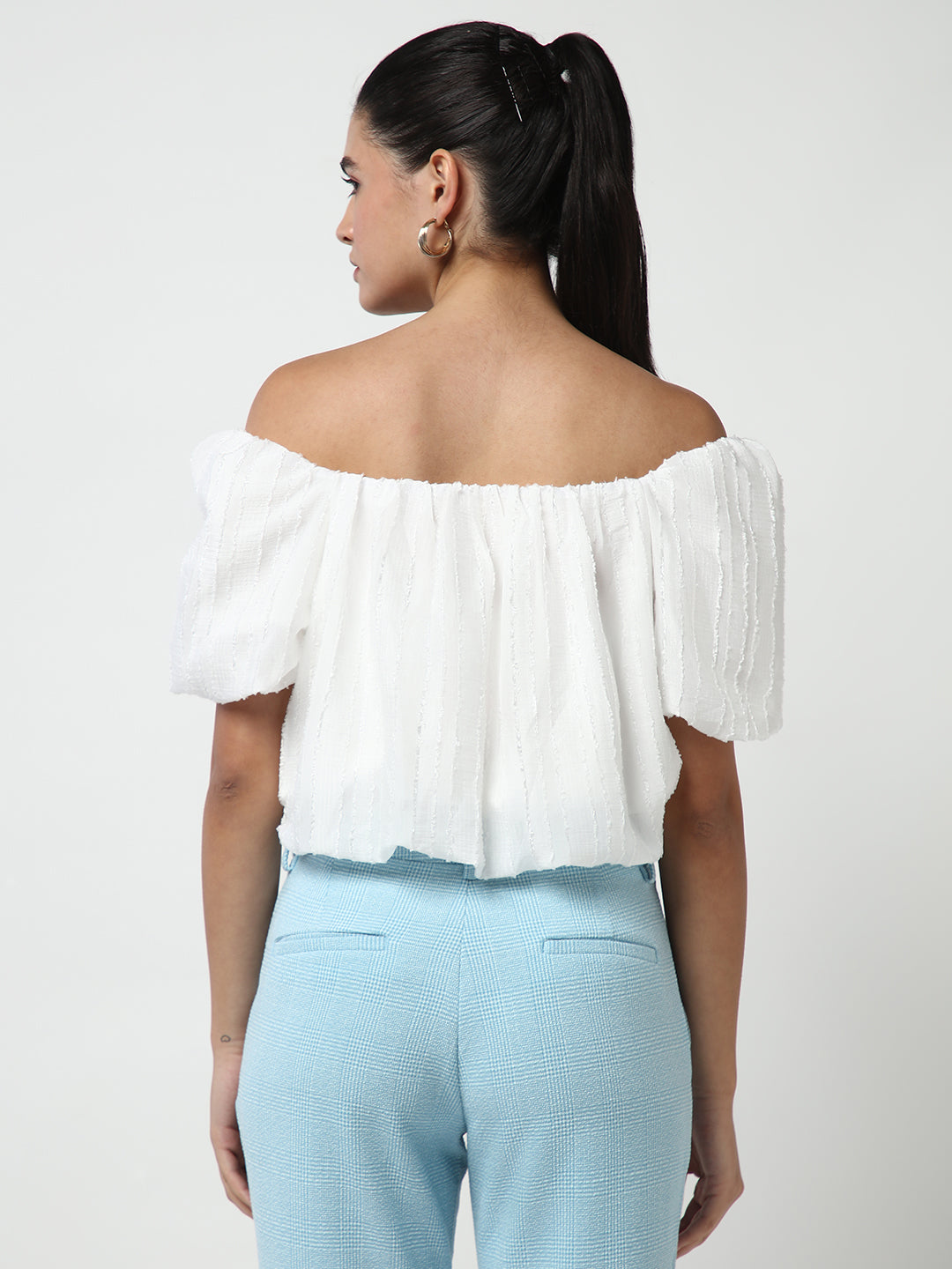 Women White Solid Blouson Crop Top