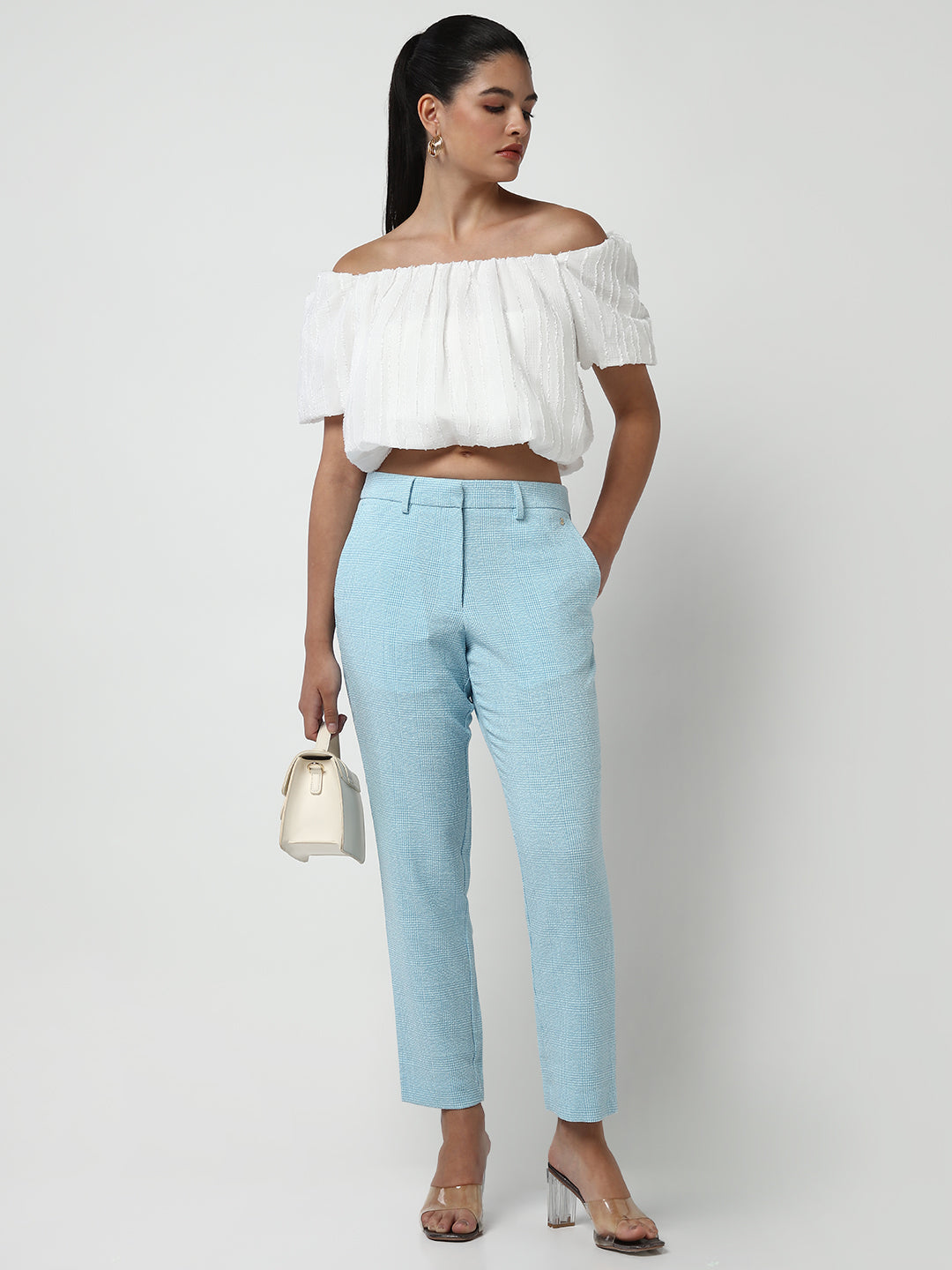 Women White Solid Blouson Crop Top