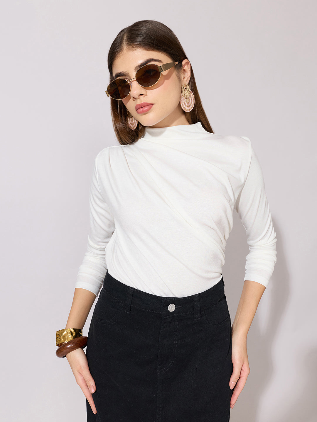 Women's White High-Neck Ruched Fitted Top