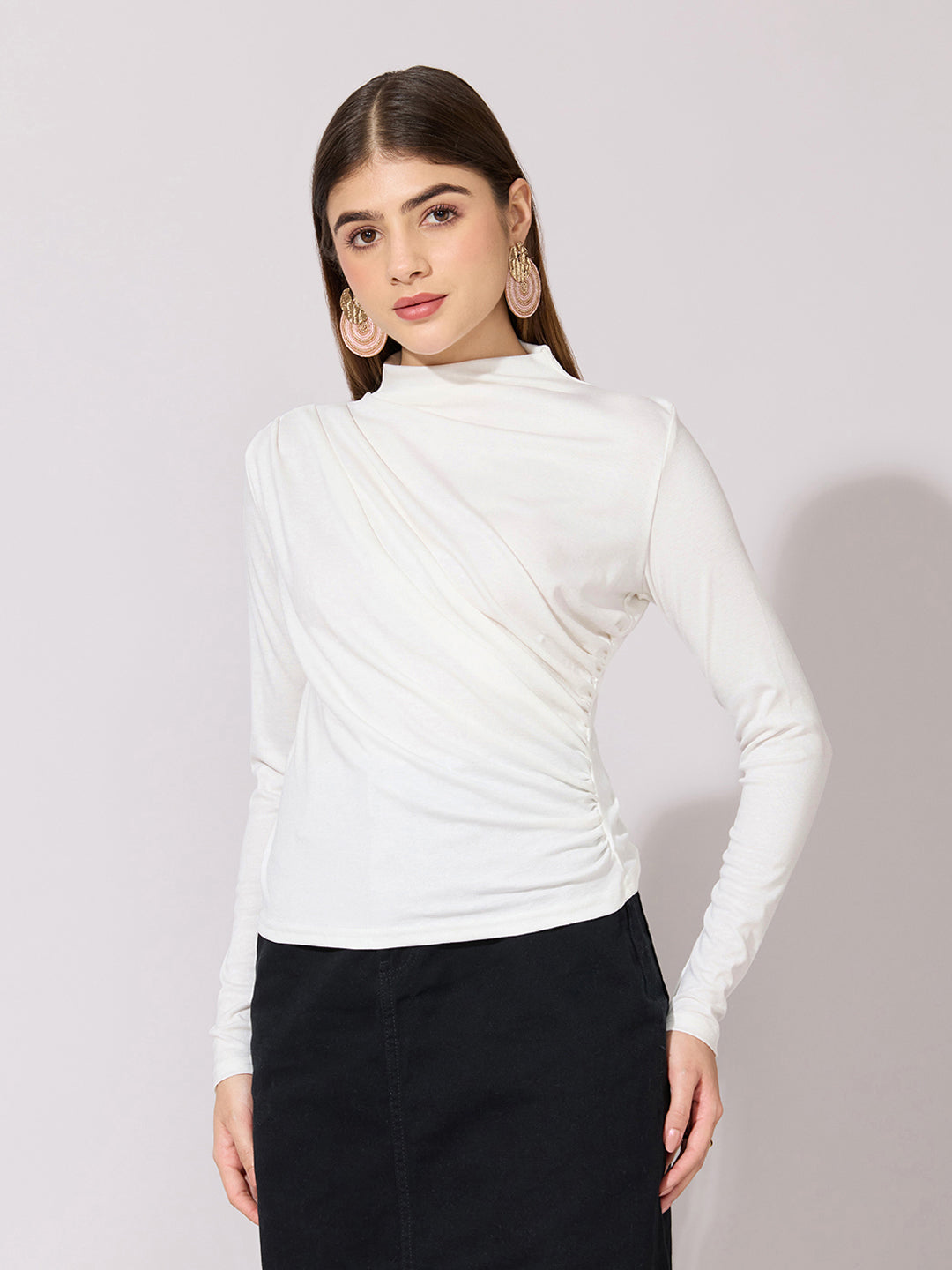 Women's White High-Neck Ruched Fitted Top