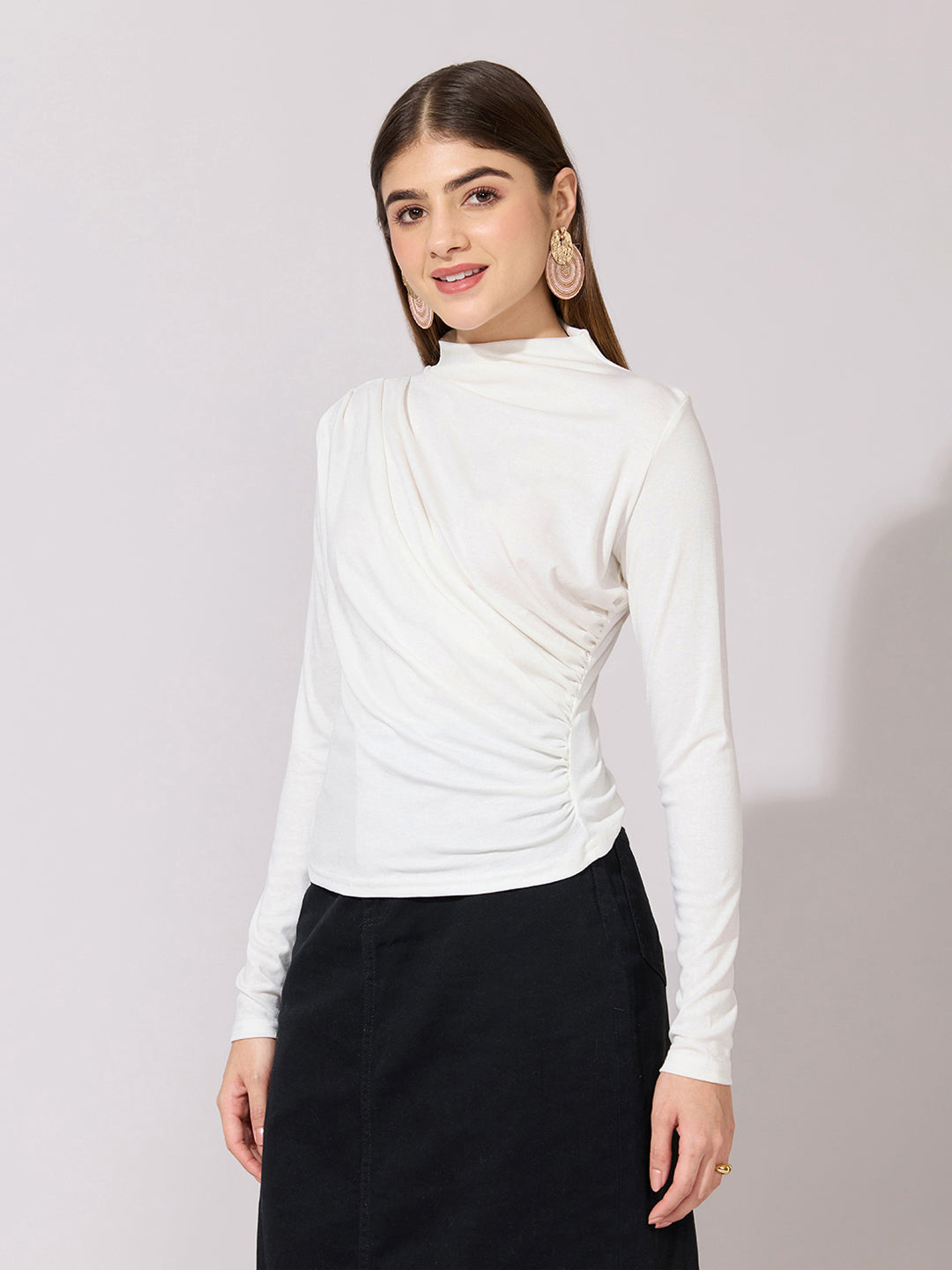 Women's White High-Neck Ruched Fitted Top