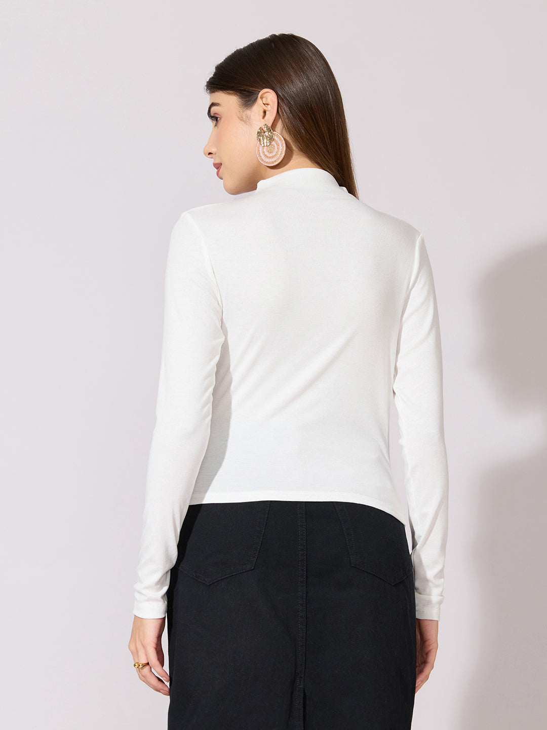 Women's White High-Neck Ruched Fitted Top