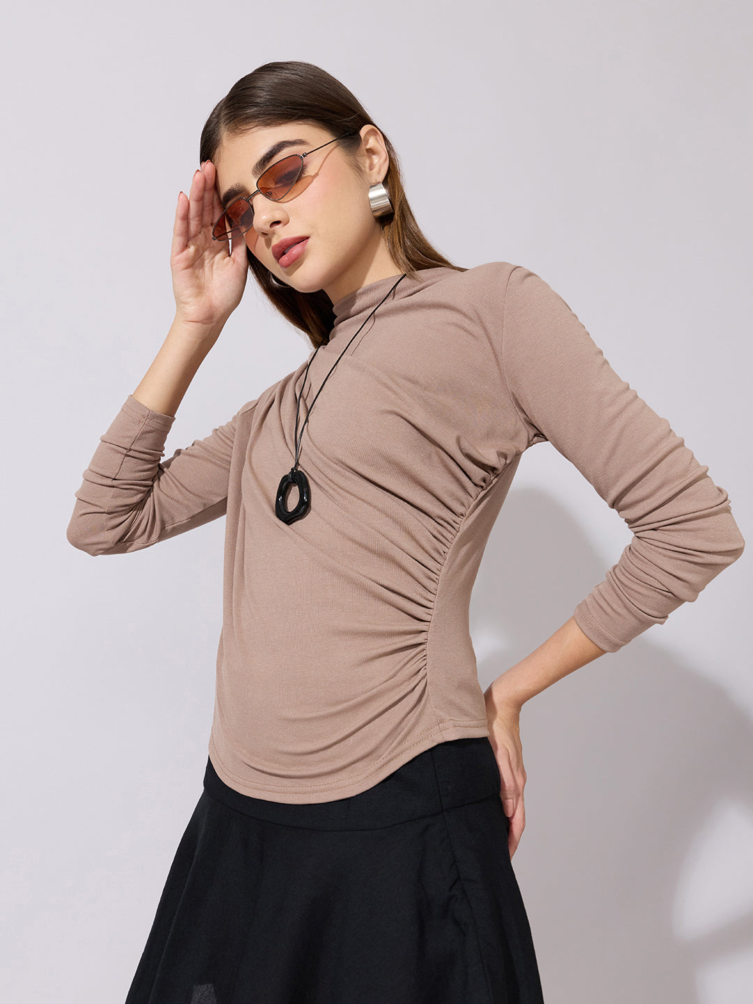 Women's Beige High-Neck Ruched Fitted Top