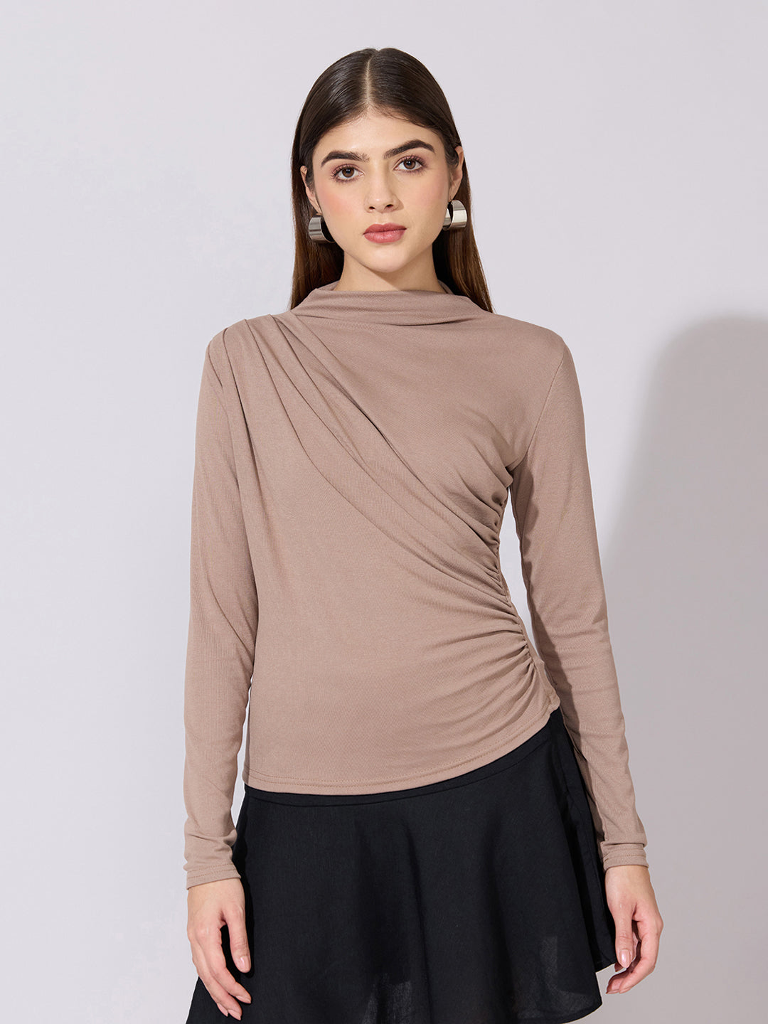 Women's Beige High-Neck Ruched Fitted Top