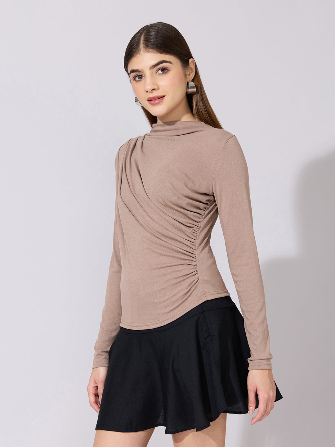 Women's Beige High-Neck Ruched Fitted Top