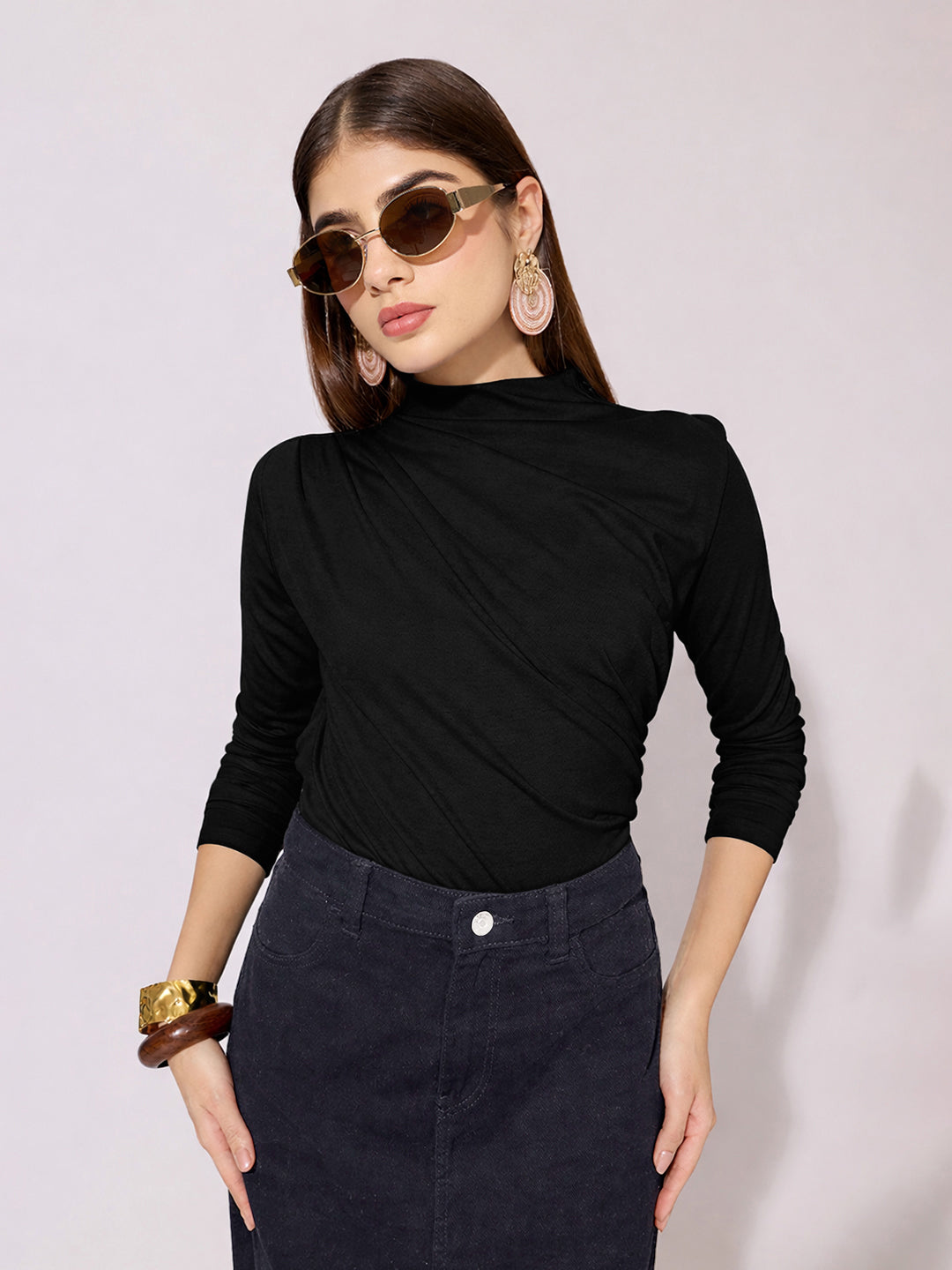 Women's Black High-Neck Ruched Fitted Top