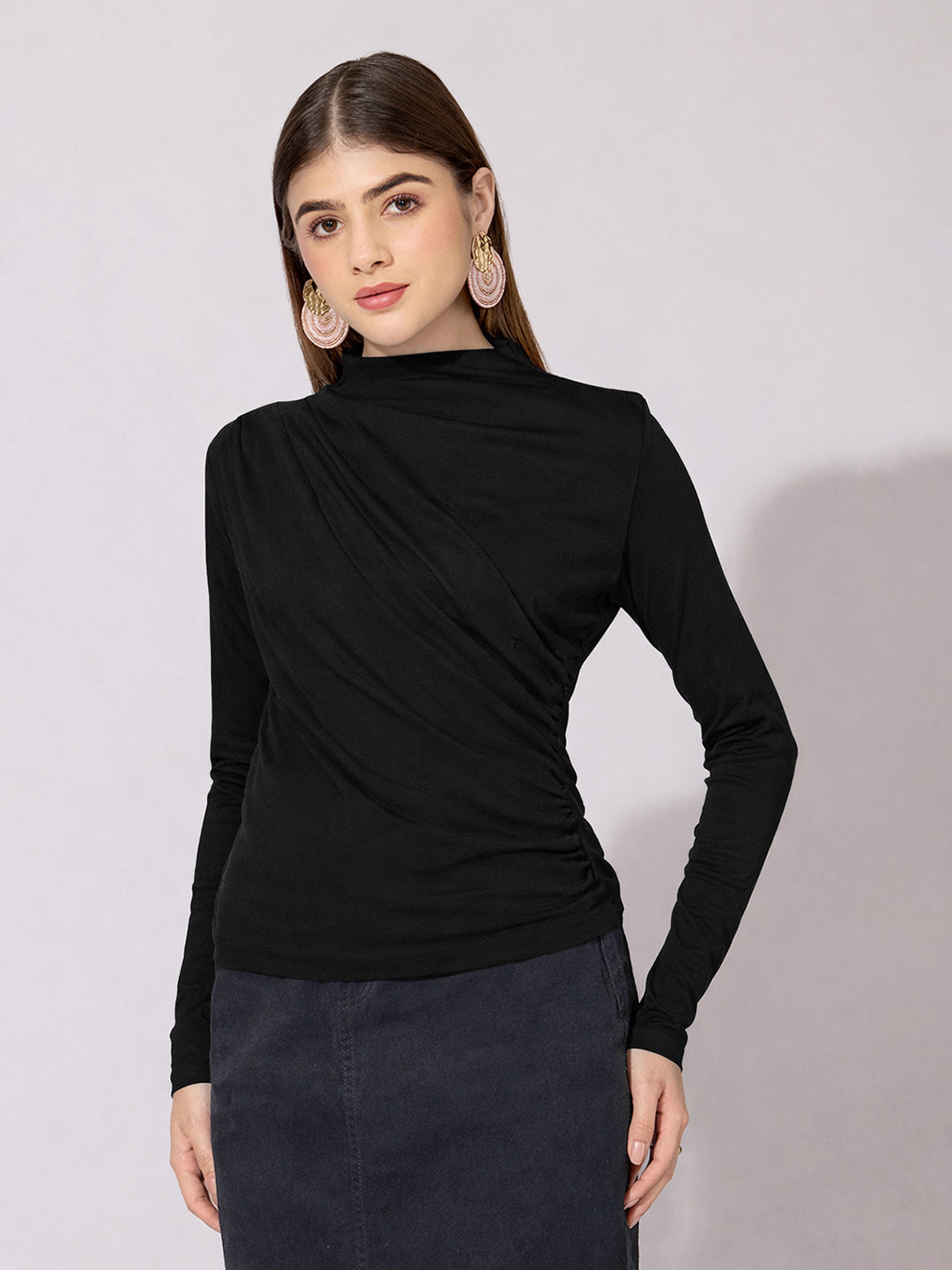 Women's Black High-Neck Ruched Fitted Top