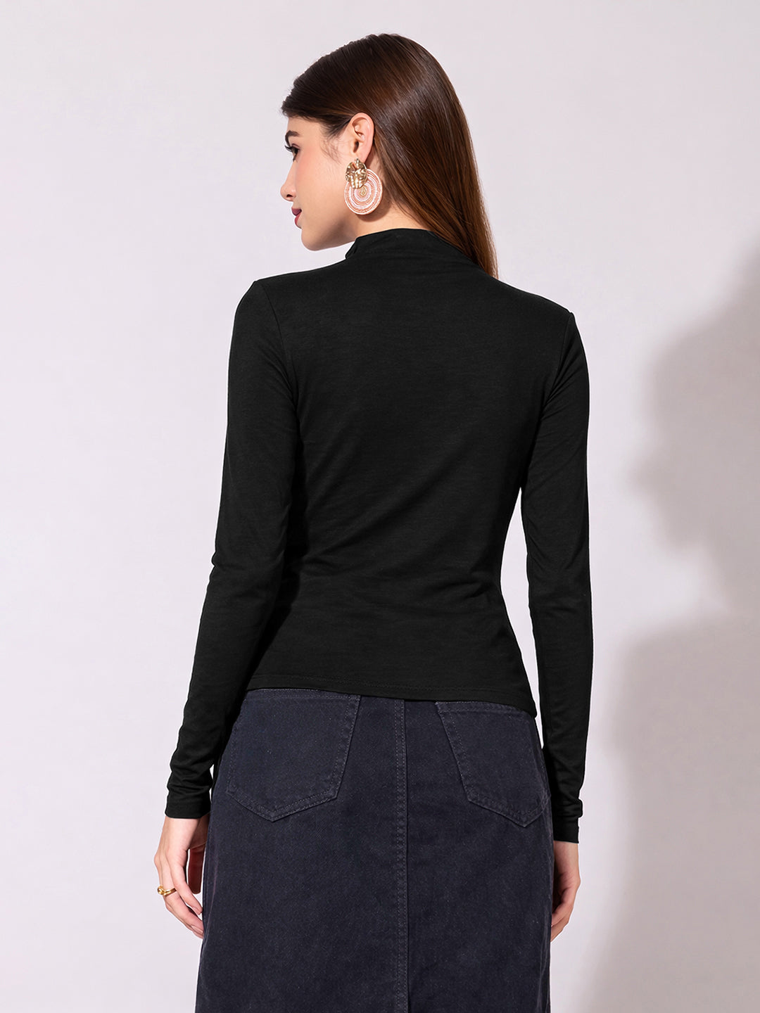 Women's Black High-Neck Ruched Fitted Top