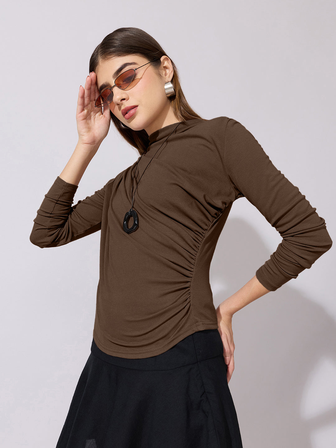 Women's Brown High-Neck Ruched Fitted Top
