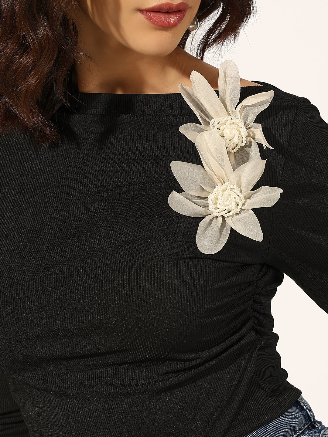 Women's Ribbed Black Ruched Top with Flower Applique Detail