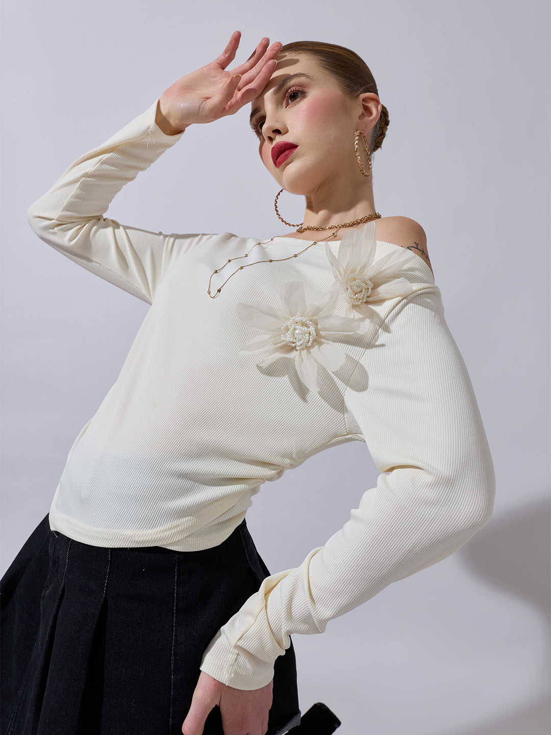 Women's Off-White Ruched Top with Flower Applique Detail
