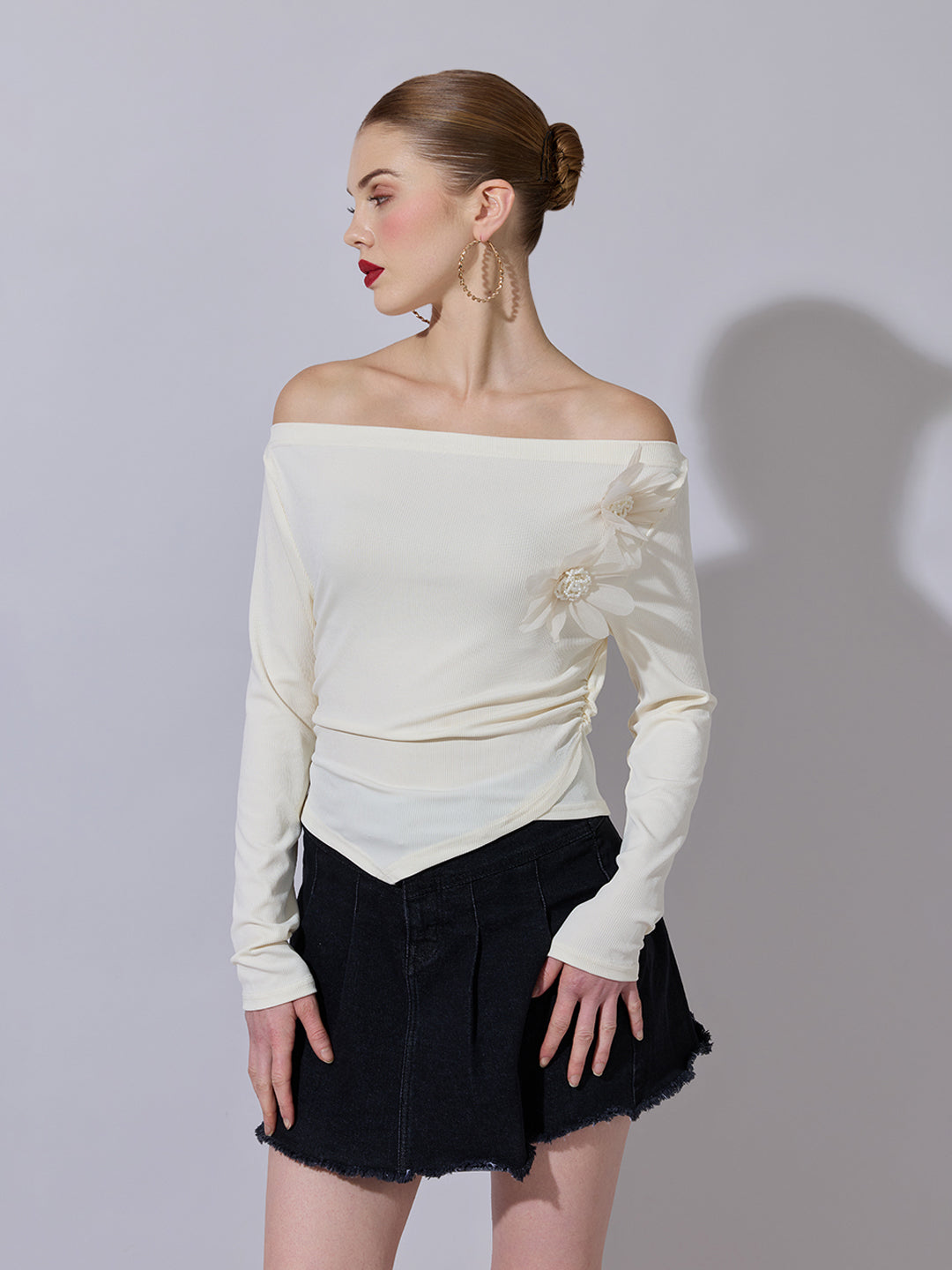 Women's Off-White Ruched Top with Flower Applique Detail