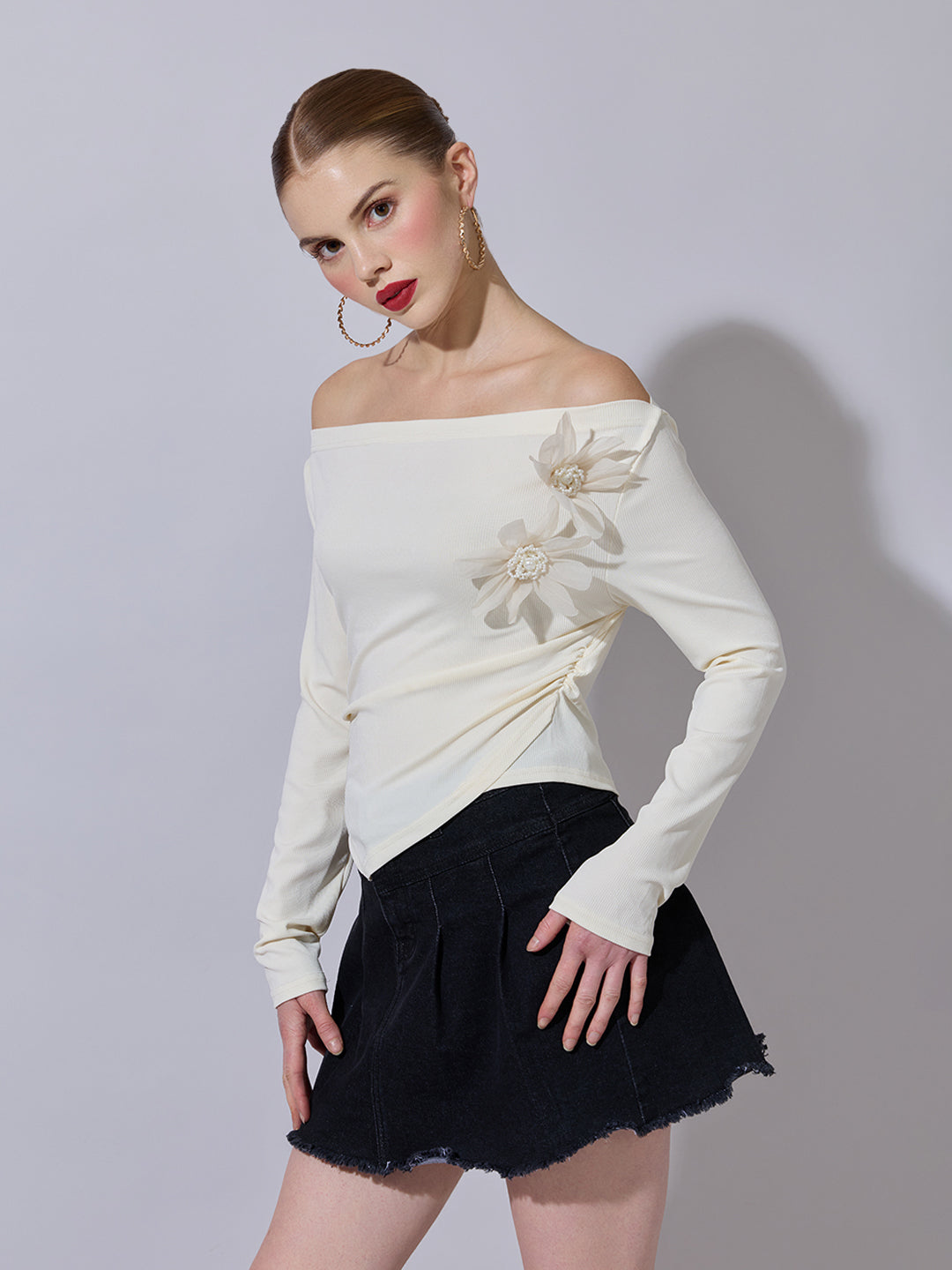 Women's Off-White Ruched Top with Flower Applique Detail