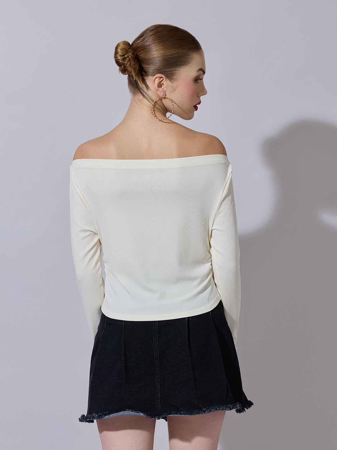 Women's Off-White Ruched Top with Flower Applique Detail