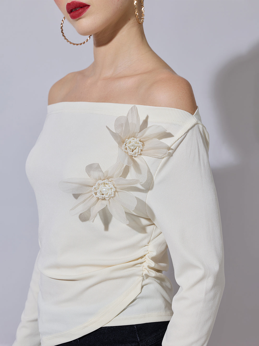 Women's Off-White Ruched Top with Flower Applique Detail