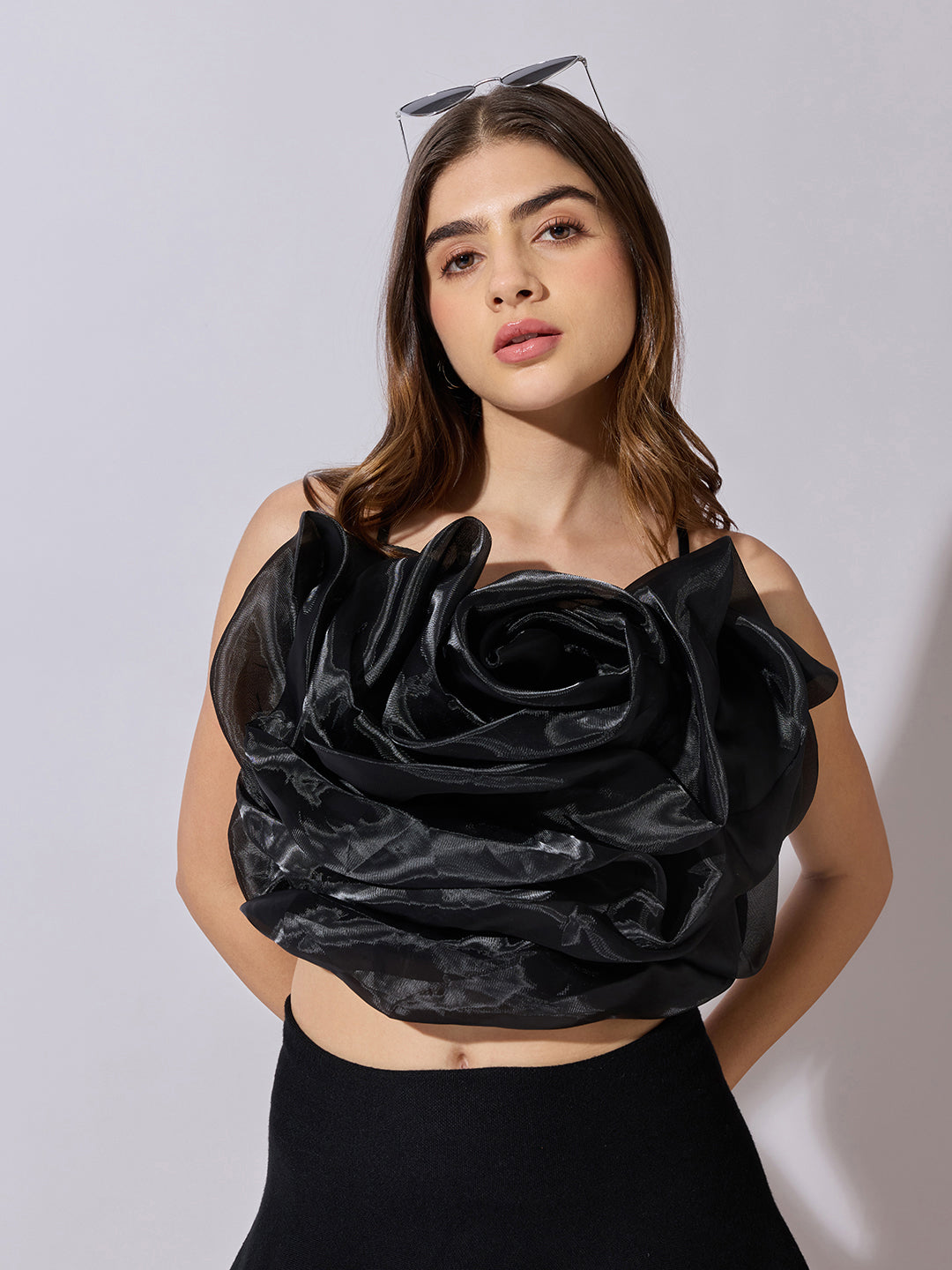 Women's Black Sleeveless Crop Top with 3D Floral Ruffled Detail