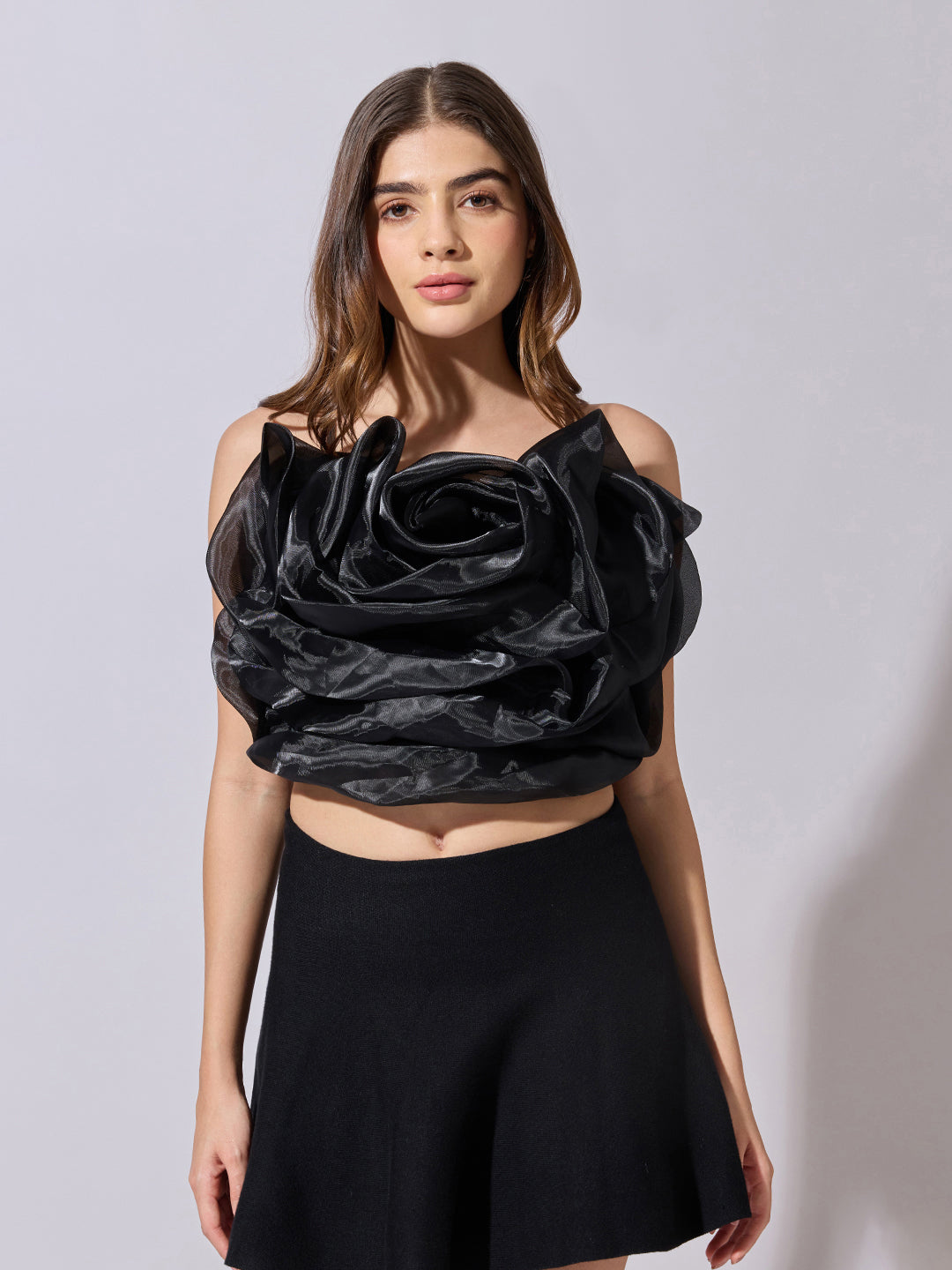 Women's Black Sleeveless Crop Top with 3D Floral Ruffled Detail