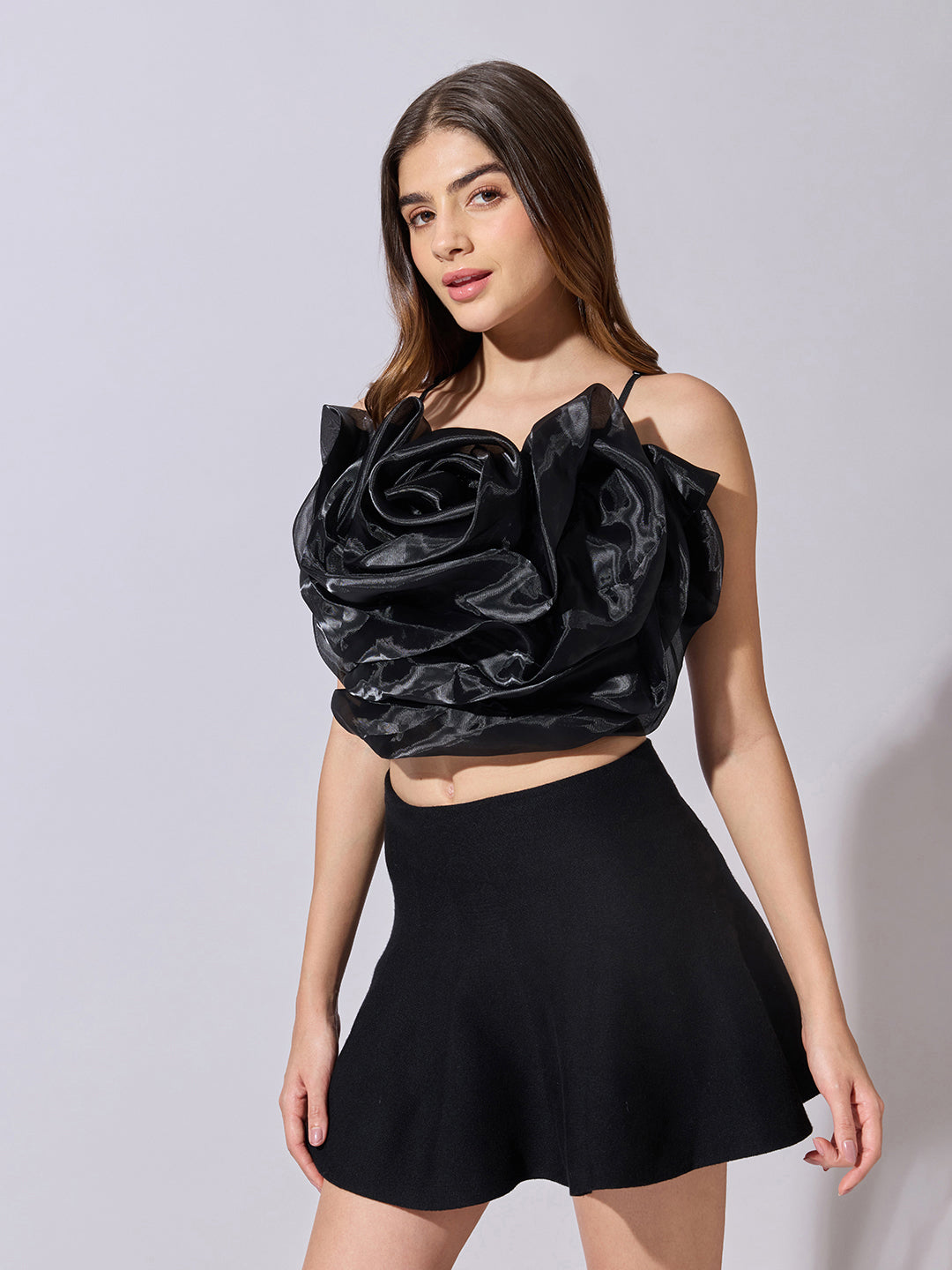 Women's Black Sleeveless Crop Top with 3D Floral Ruffled Detail