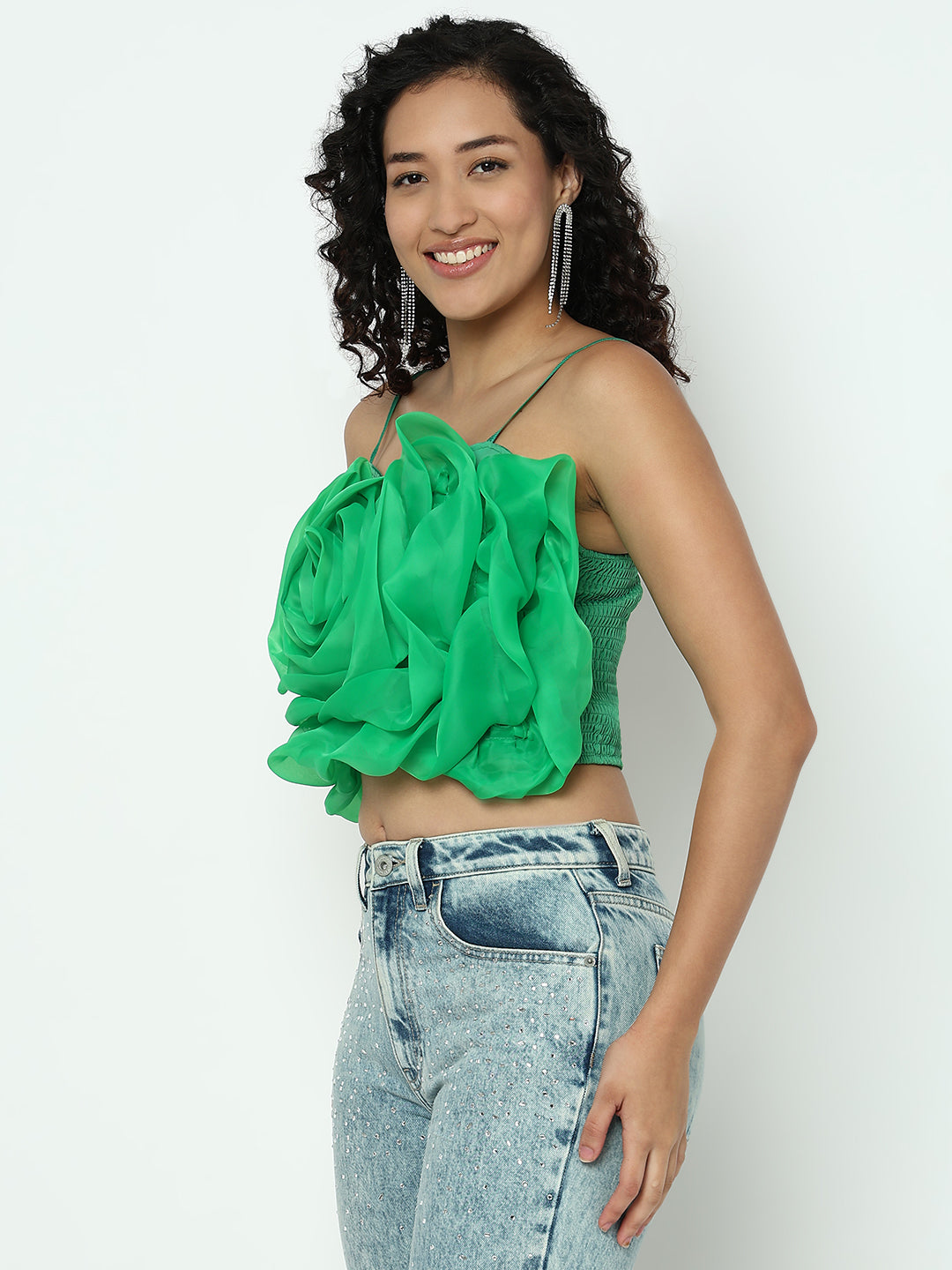 Women's Green Sleevless Crop Top with 3D Floral Ruffled Detail