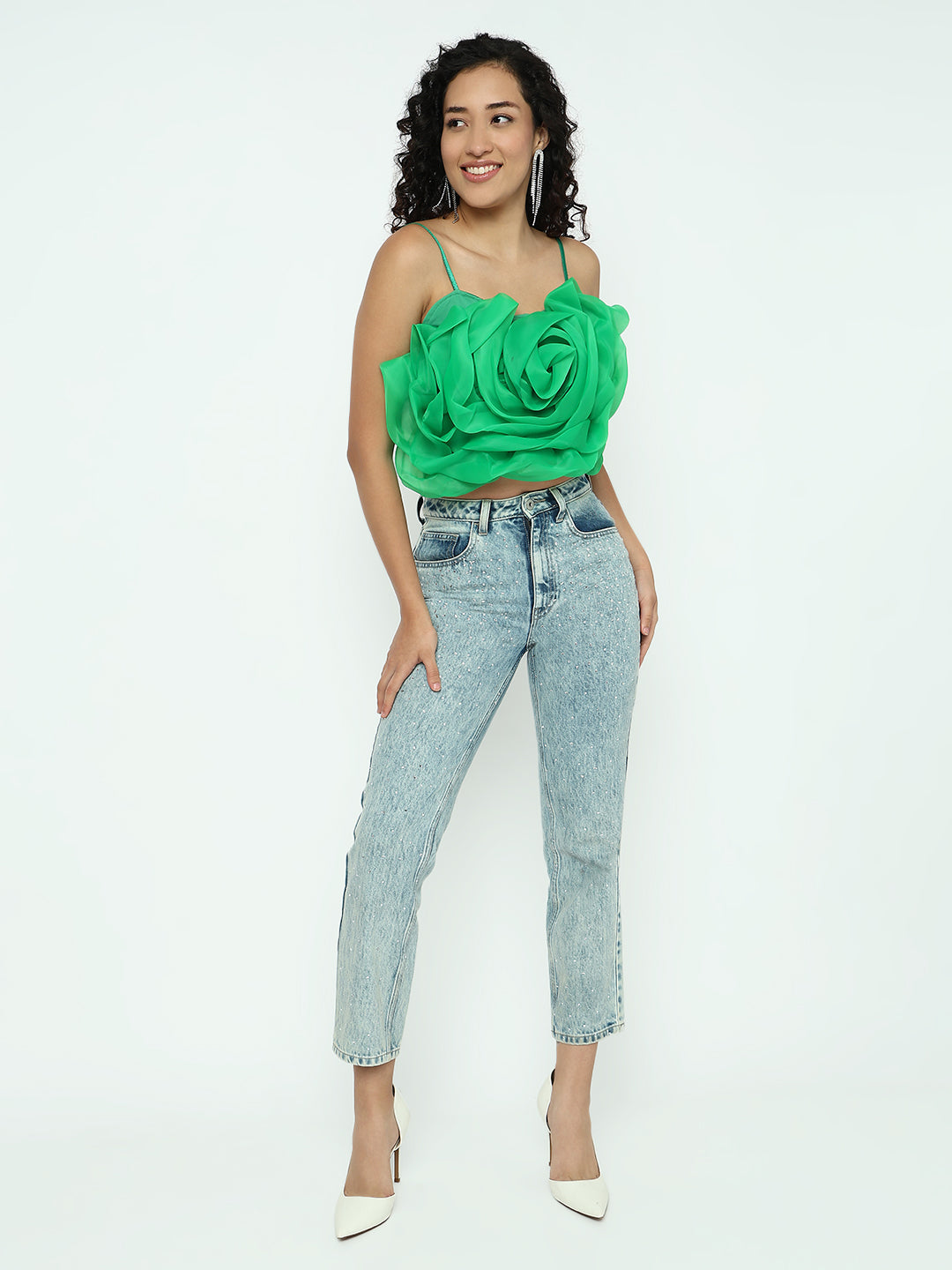 Women's Green Sleevless Crop Top with 3D Floral Ruffled Detail