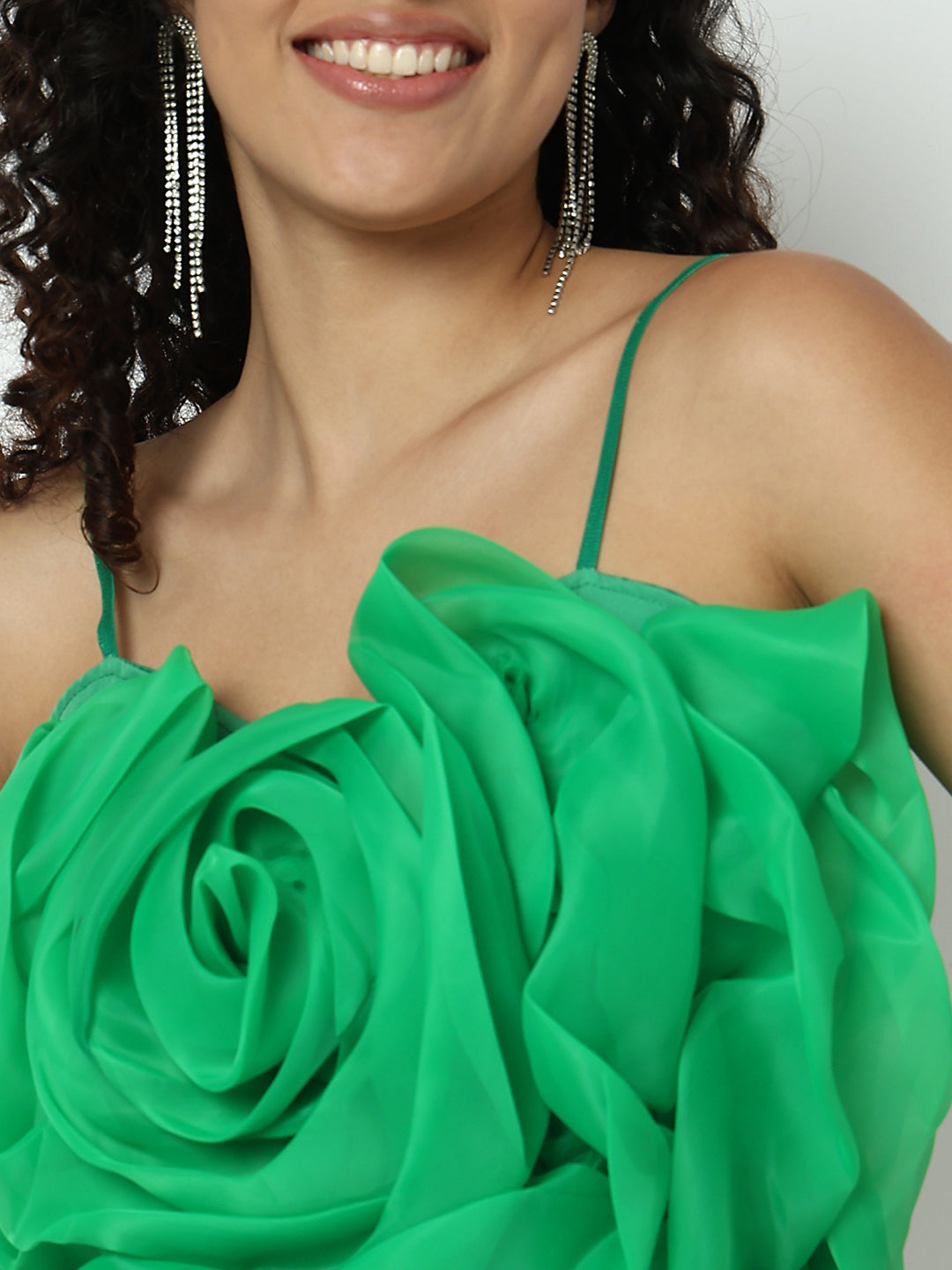 Women's Green Sleevless Crop Top with 3D Floral Ruffled Detail