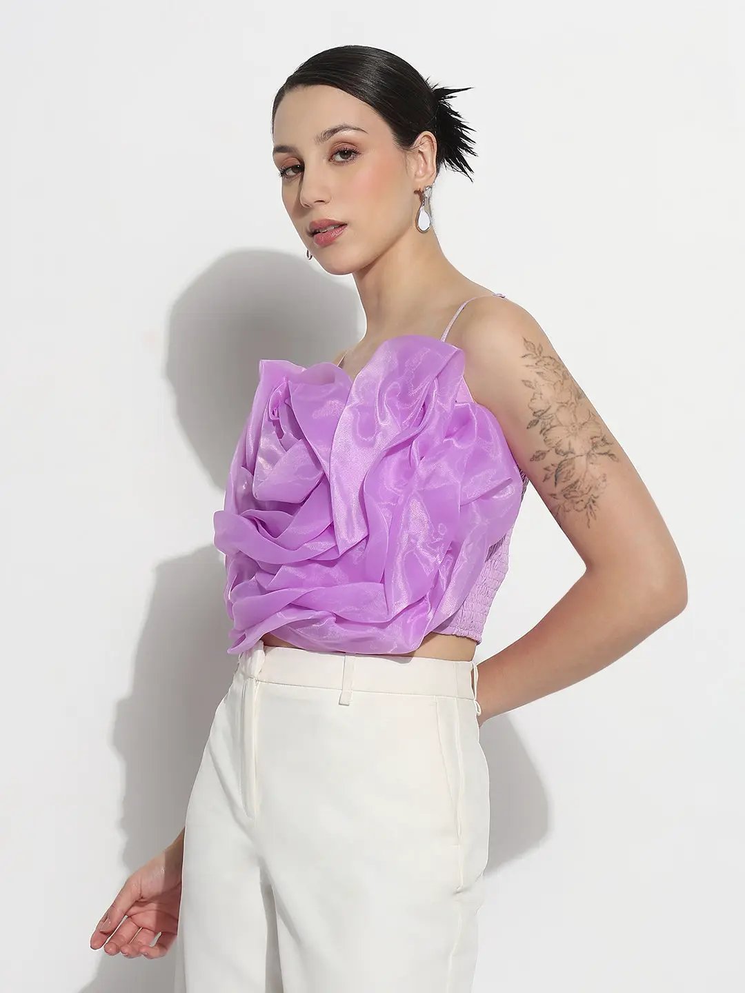 Women's Lavender Sleeveless Crop Top with 3D Floral Ruffled Detail