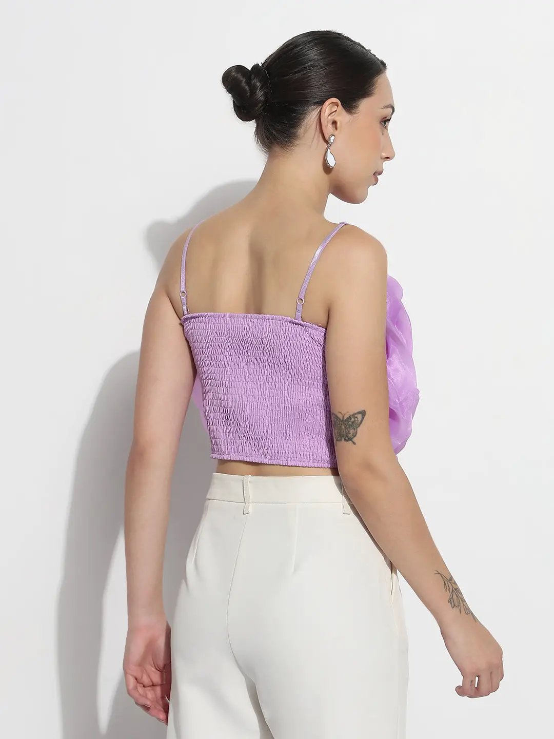Women's Lavender Sleeveless Crop Top with 3D Floral Ruffled Detail