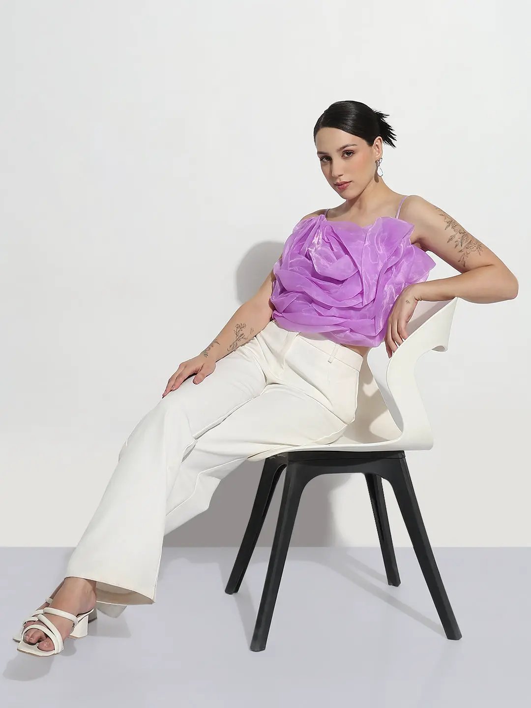 Women's Lavender Sleeveless Crop Top with 3D Floral Ruffled Detail