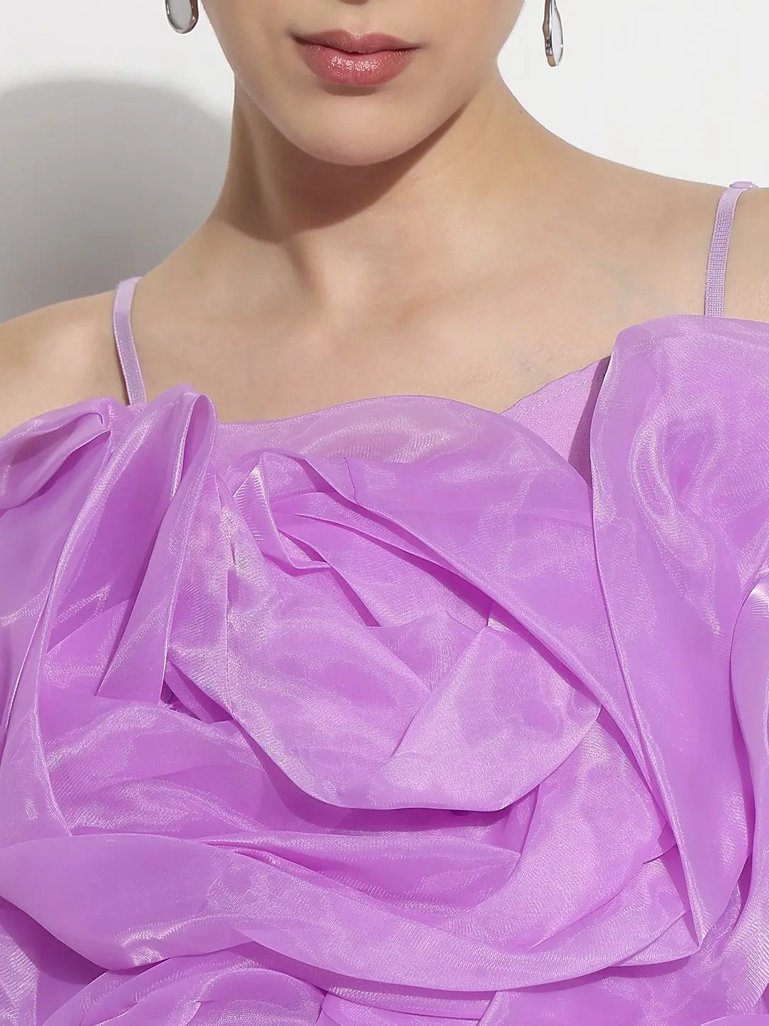 Women's Lavender Sleeveless Crop Top with 3D Floral Ruffled Detail