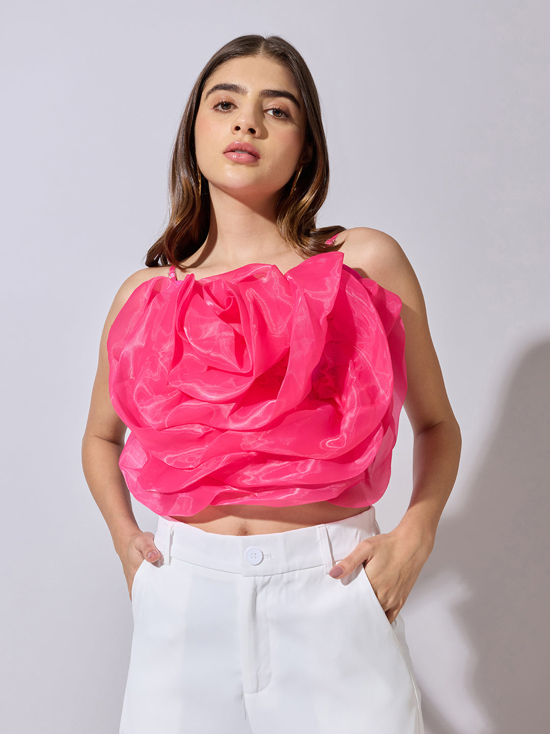 Women's Pink Sleeveless Crop Top with 3D Floral Ruffled Detail