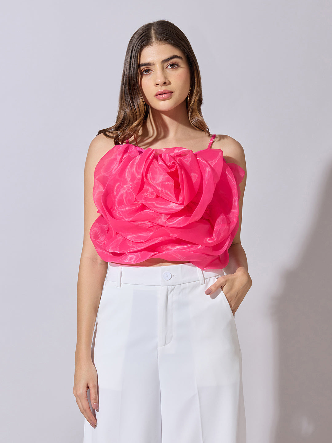 Women's Pink Sleeveless Crop Top with 3D Floral Ruffled Detail