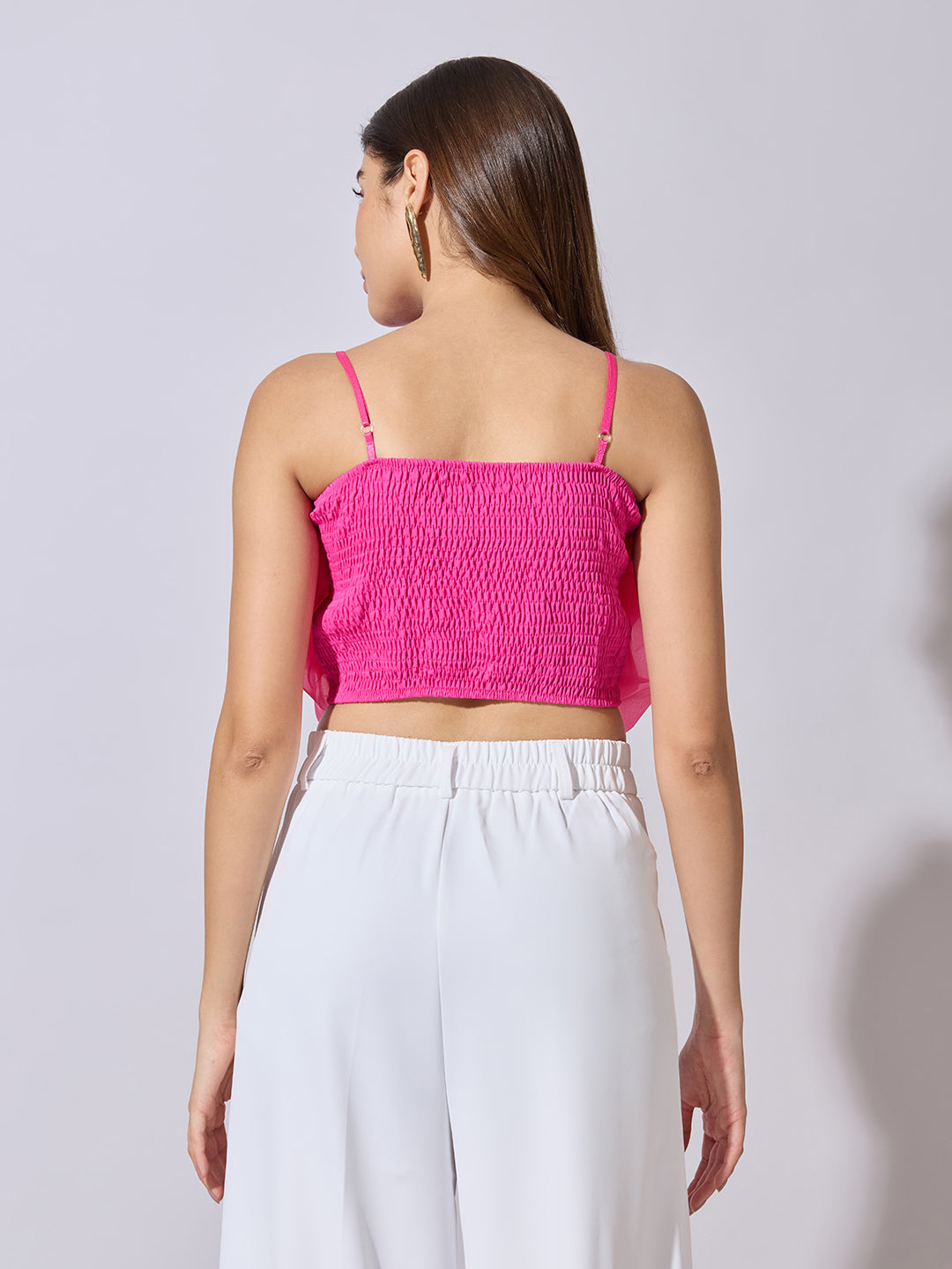 Women's Pink Sleeveless Crop Top with 3D Floral Ruffled Detail