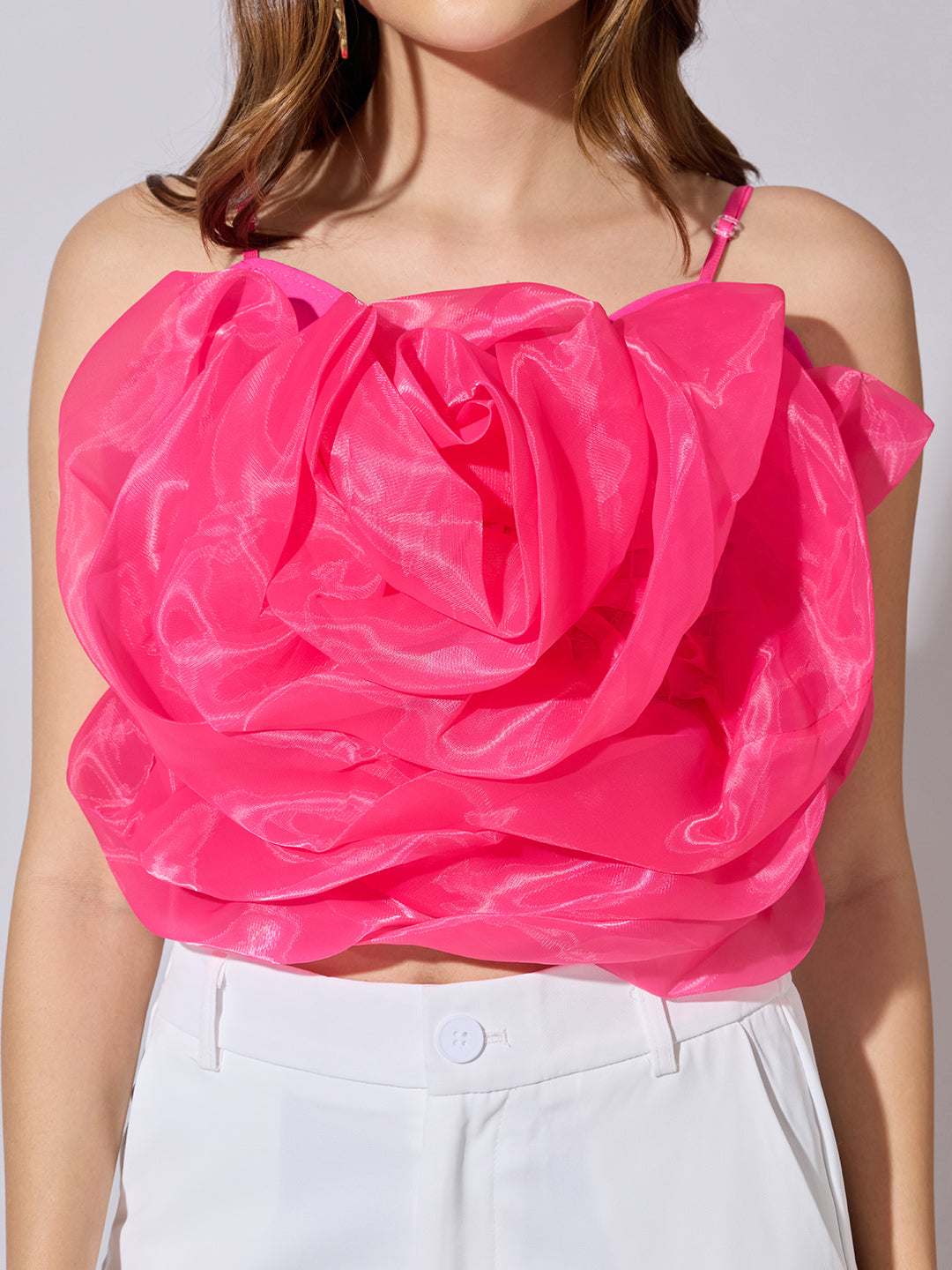 Women's Pink Sleeveless Crop Top with 3D Floral Ruffled Detail