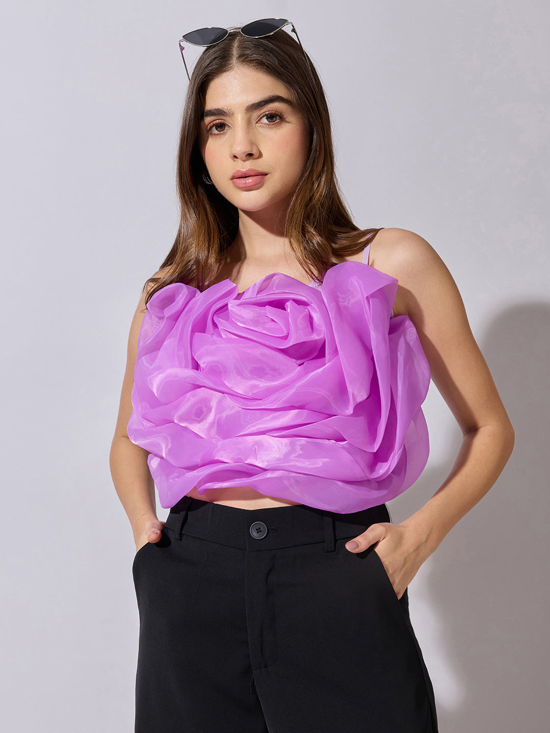 Women's Purple Sleeveless Crop Top with 3D Floral Ruffled Detail