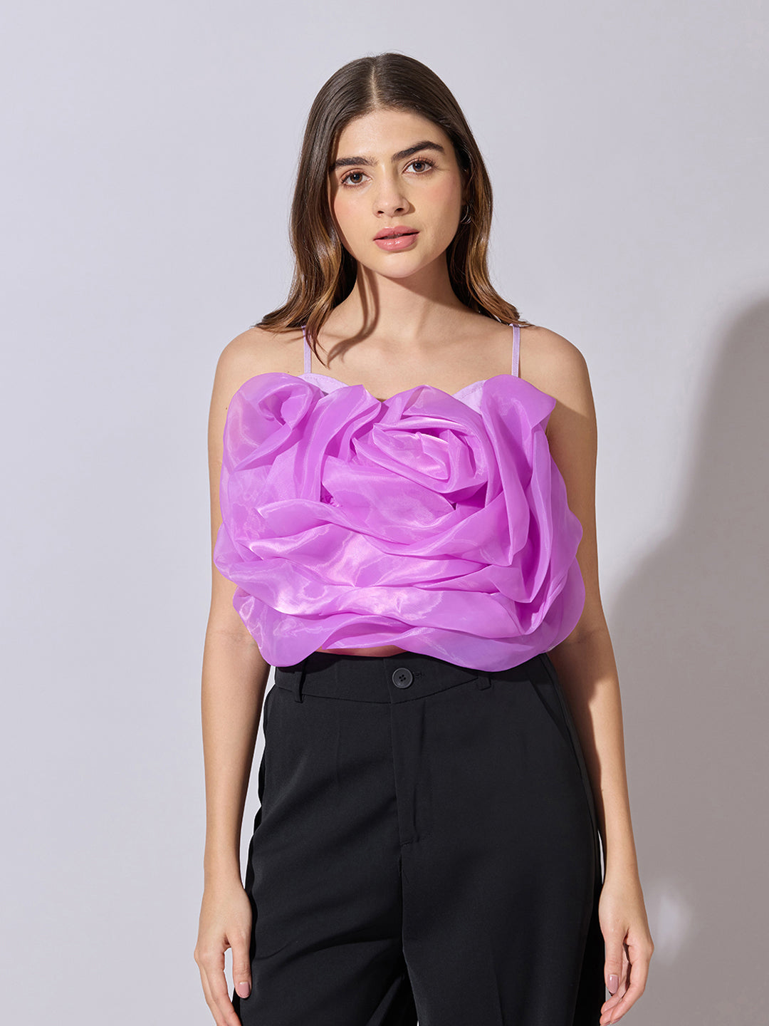 Women's Purple Sleeveless Crop Top with 3D Floral Ruffled Detail