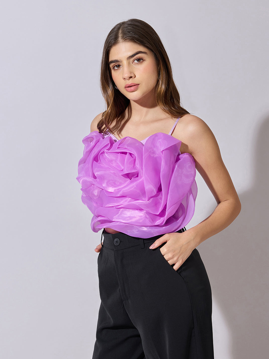 Women's Purple Sleeveless Crop Top with 3D Floral Ruffled Detail