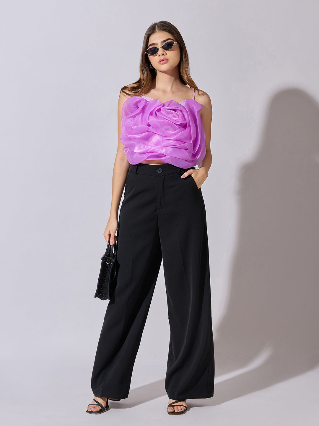 Women's Purple Sleeveless Crop Top with 3D Floral Ruffled Detail