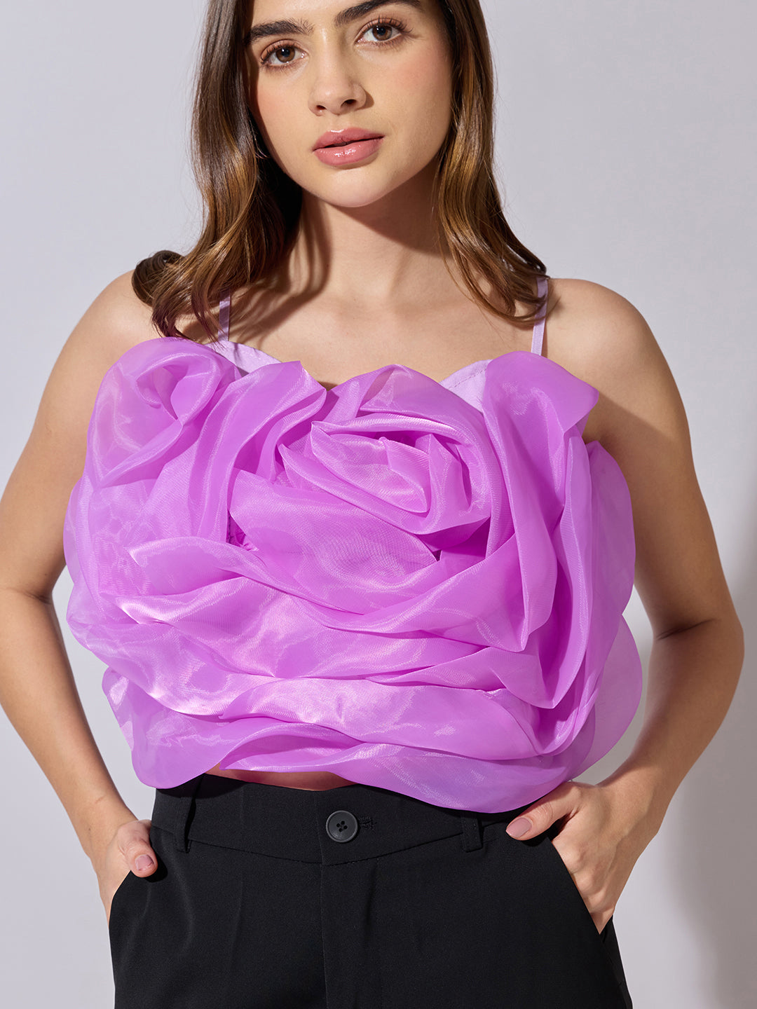 Women's Purple Sleeveless Crop Top with 3D Floral Ruffled Detail