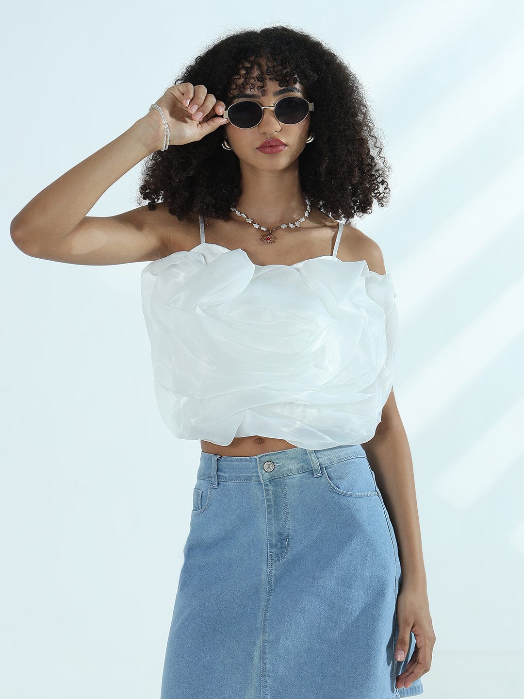 Women's White Organza Rose Crop Top