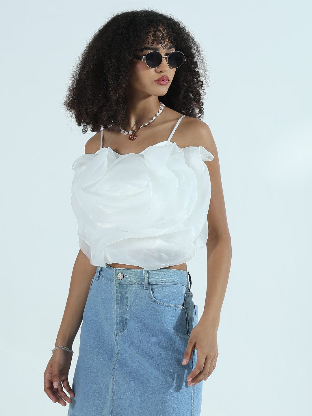 Women's White Organza Rose Crop Top