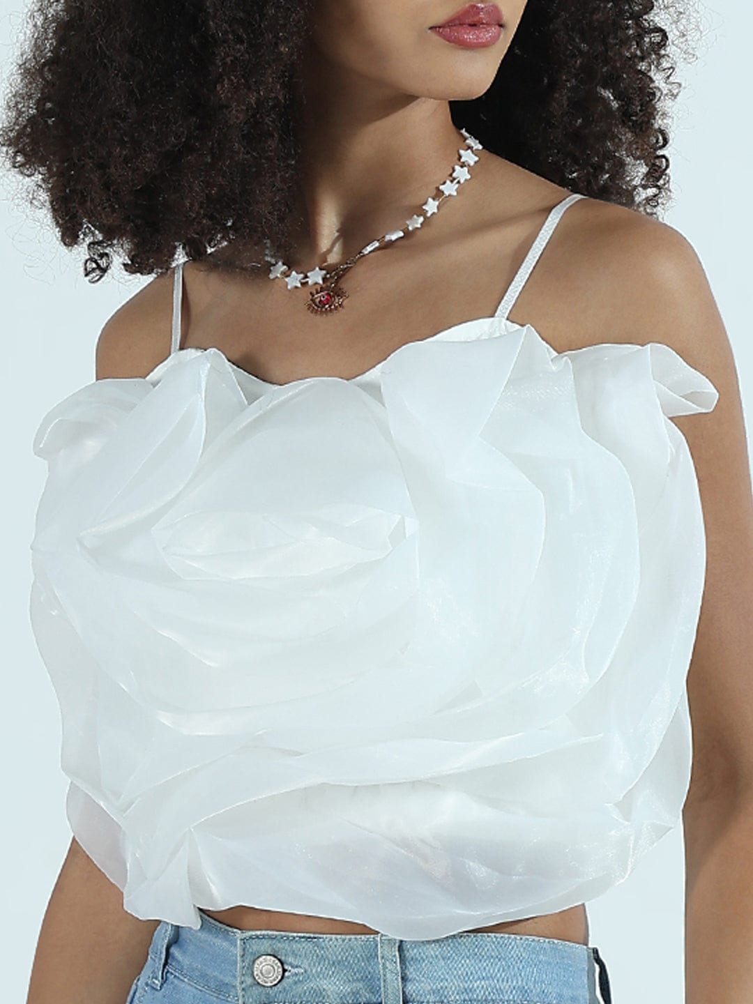 Buy White Organza Rose Crop Top Showoffff - Main Image