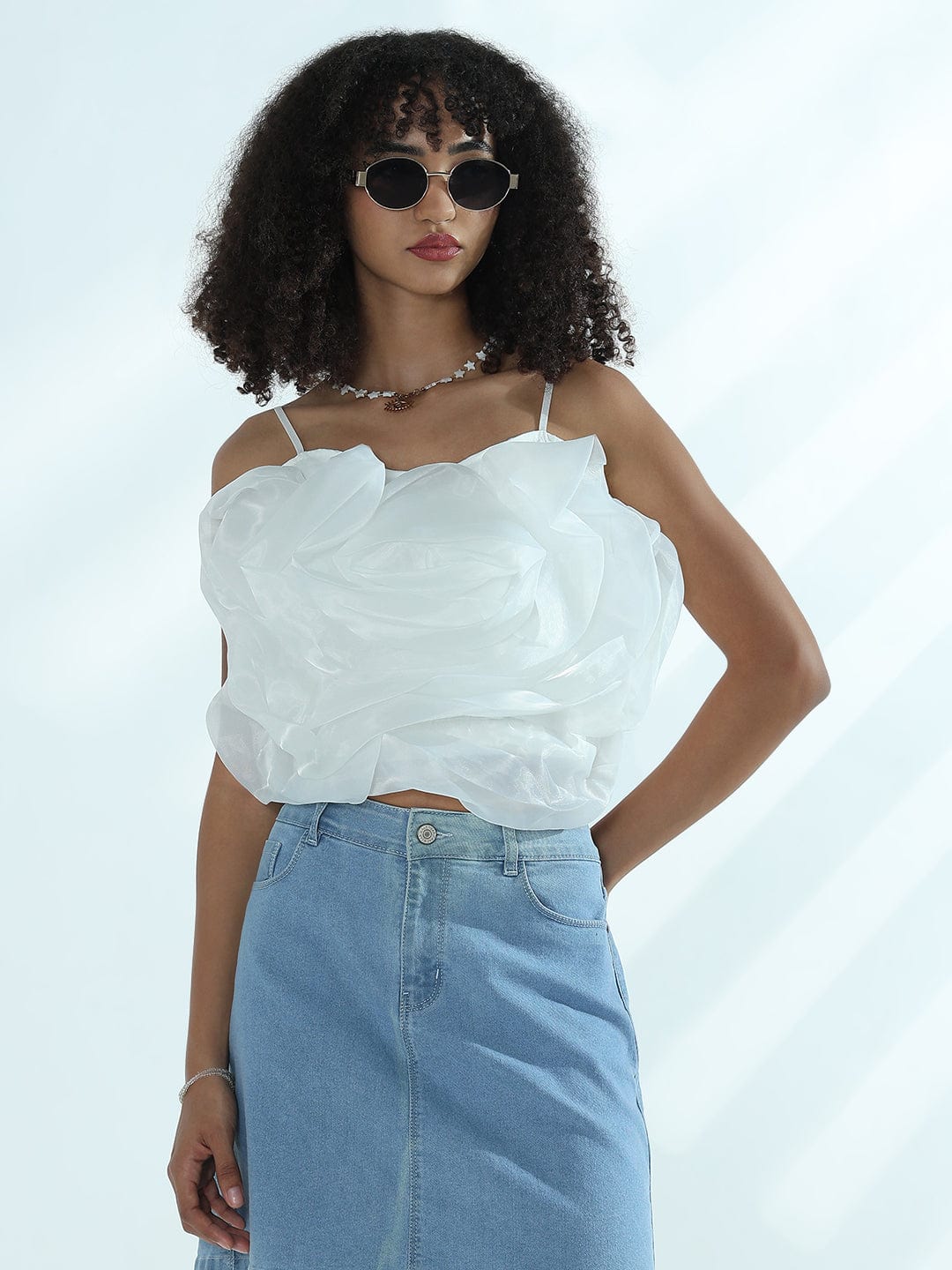 Women's White Organza Rose Crop Top
