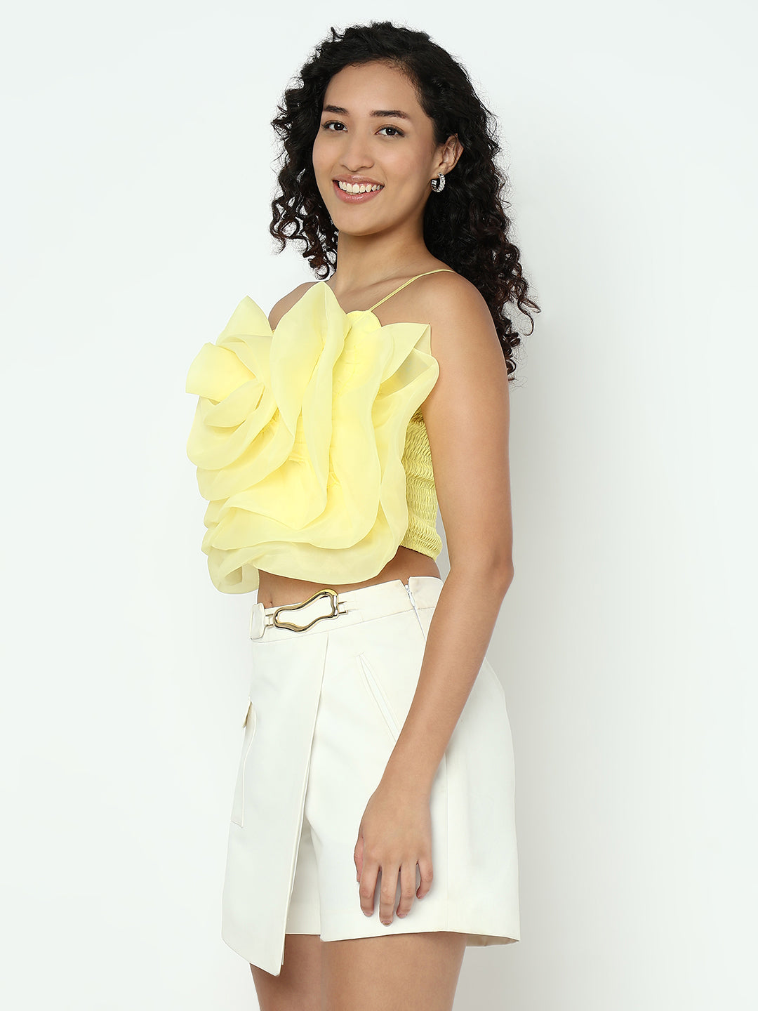 Women's Yellow Sleevless Crop Top with 3D Floral Ruffled Detail